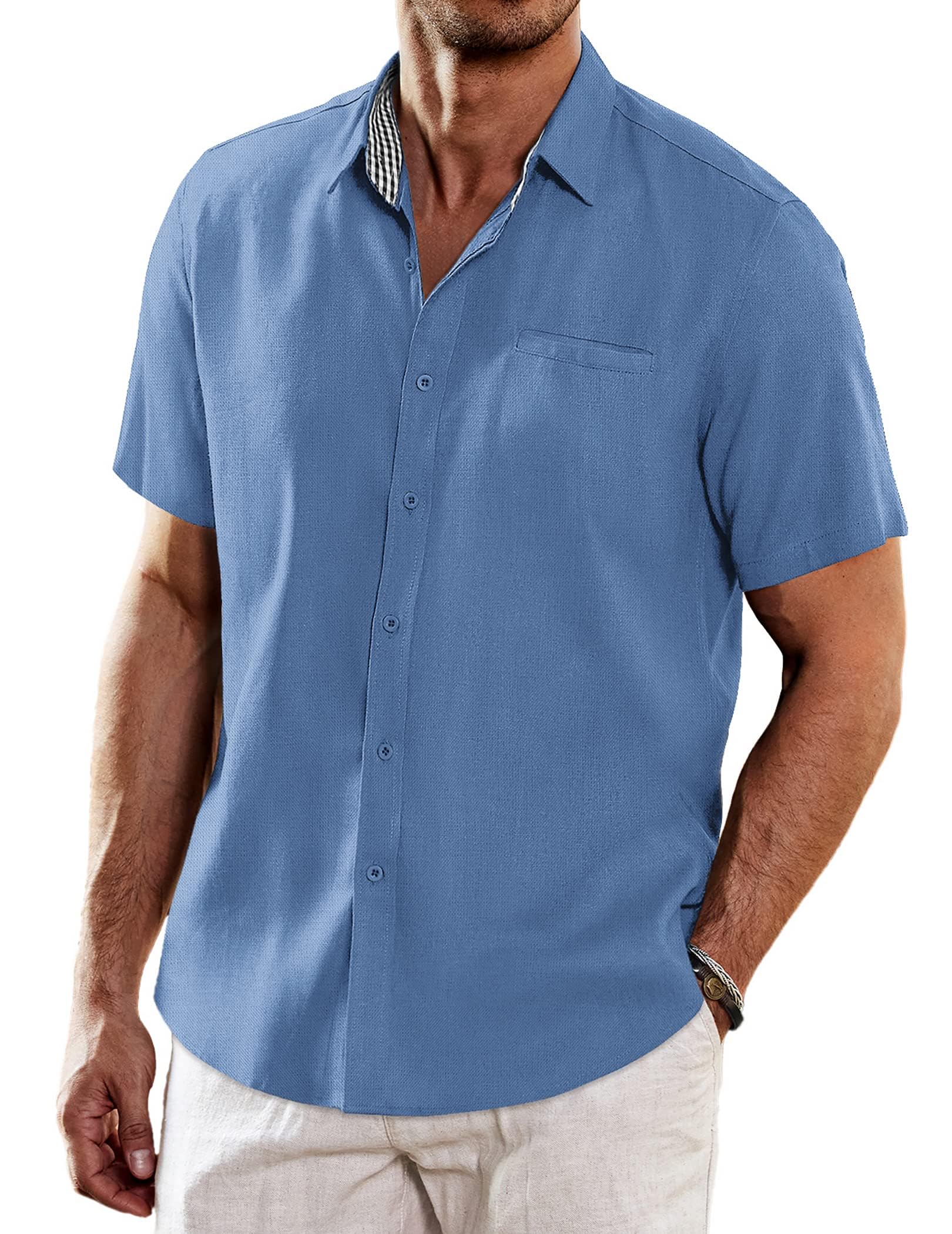 COOFANDYMens Casual Short Sleeved Shirts Mens Linen Shirt Summer Beach Button Down Shirt