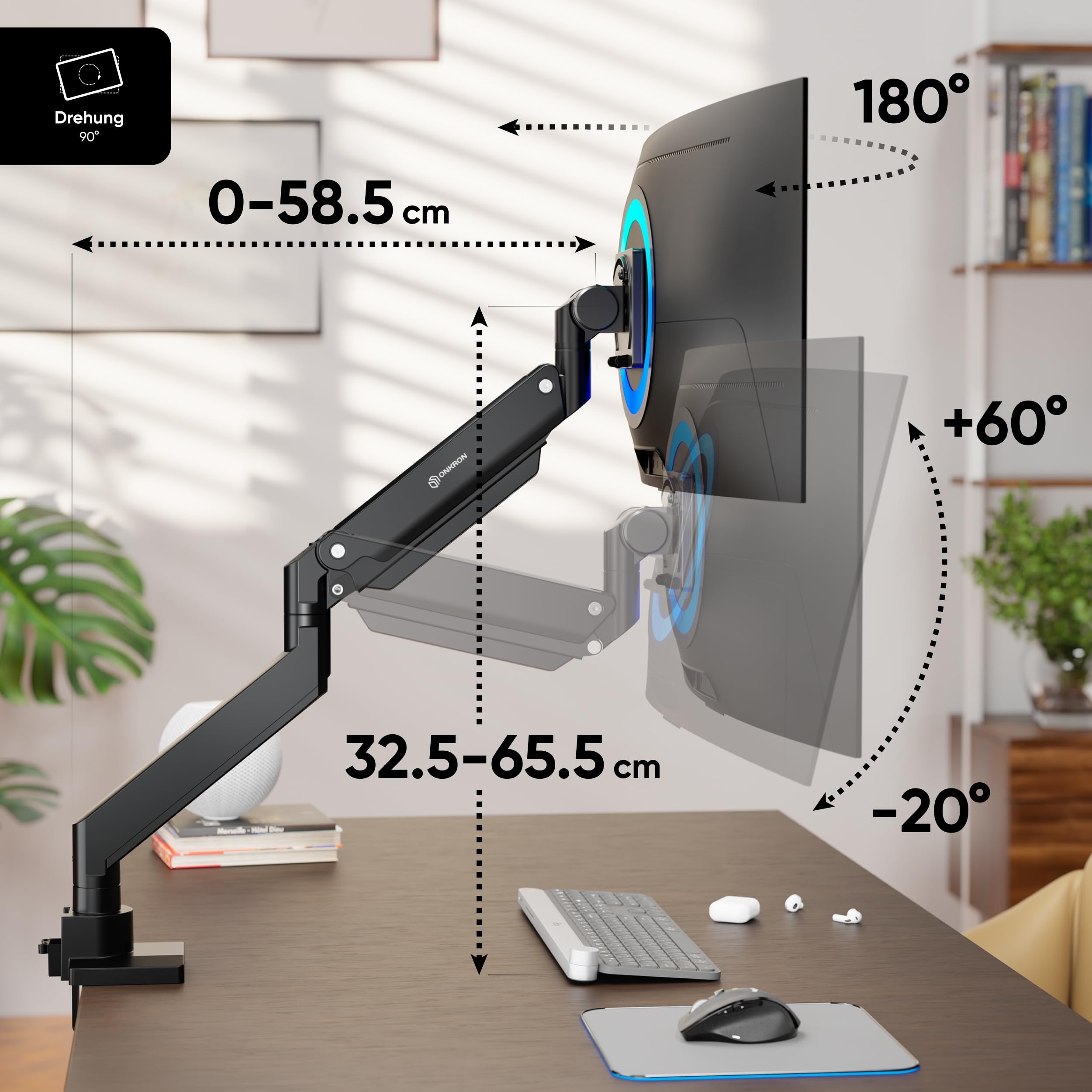 ONKRON Monitor Halterung 17-57 Zoll, bis 27 kg, max VESA 200x200, G130-B | Ultrawide Monitorarm bis 58,5 cm ausziehbar, Gasdruckfeder, schwenkbar, drehbar, Klemm-/Bohrmontage; für Büro & Gaming