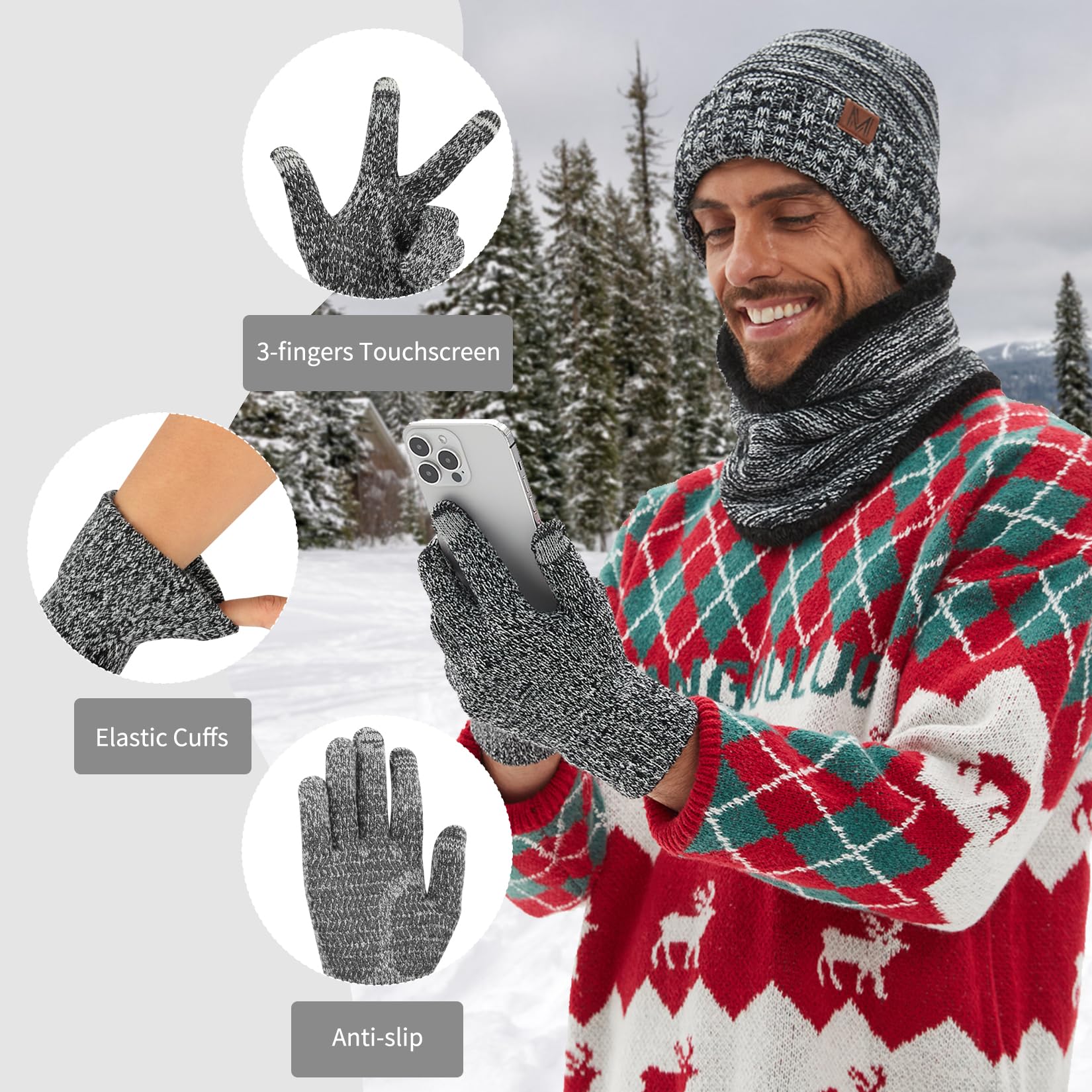 Maylisacc 3Pcs Slouch Beanie Invernale Scaldacollo Termica e Guanti Touch Screen a Maglia Uomo Donna con Fodera in Morbido Pile
