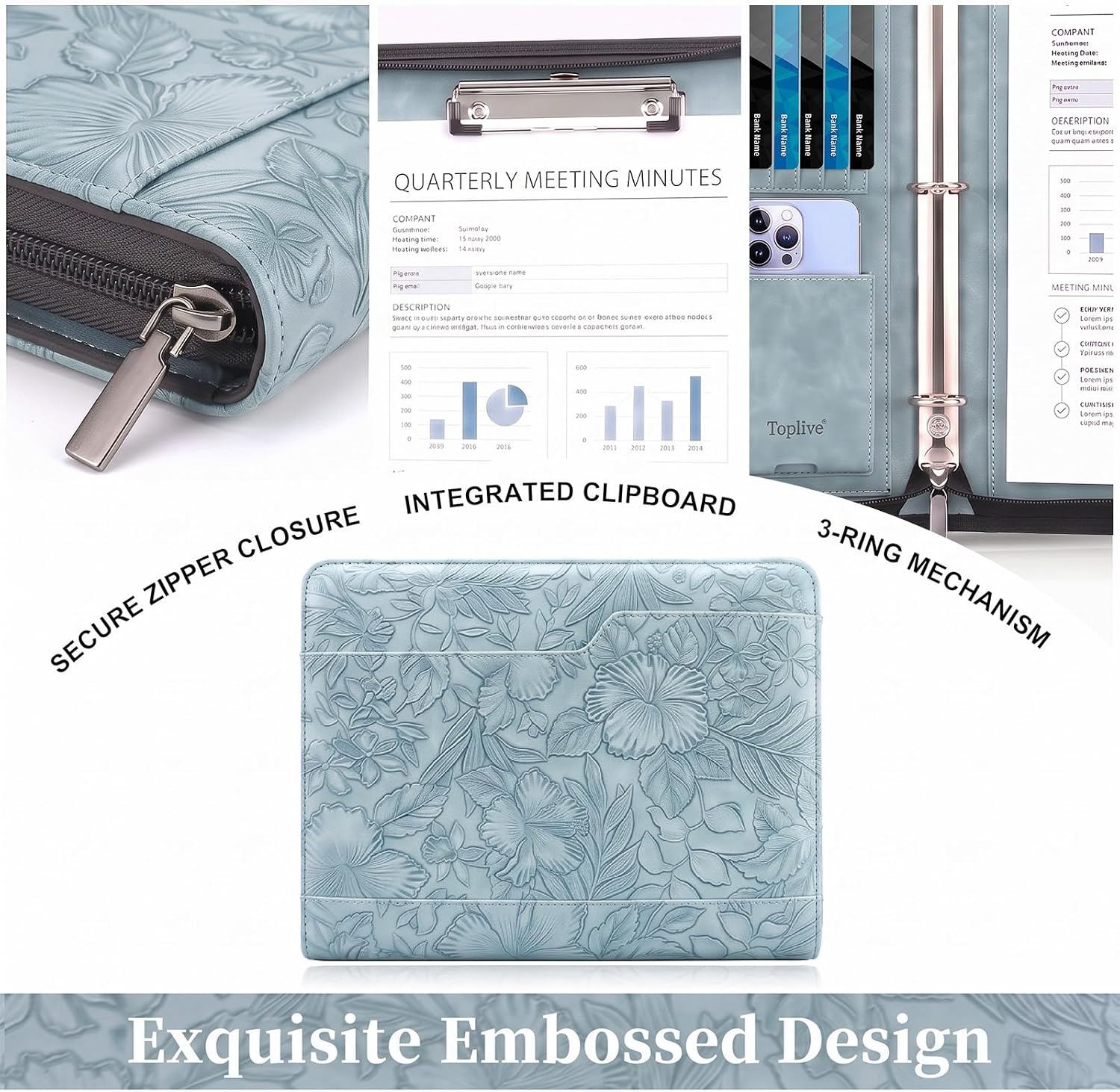 Embossed Padfolio with Zipper, Leather Portfolio Binder, 3 Ring Organizer image 5