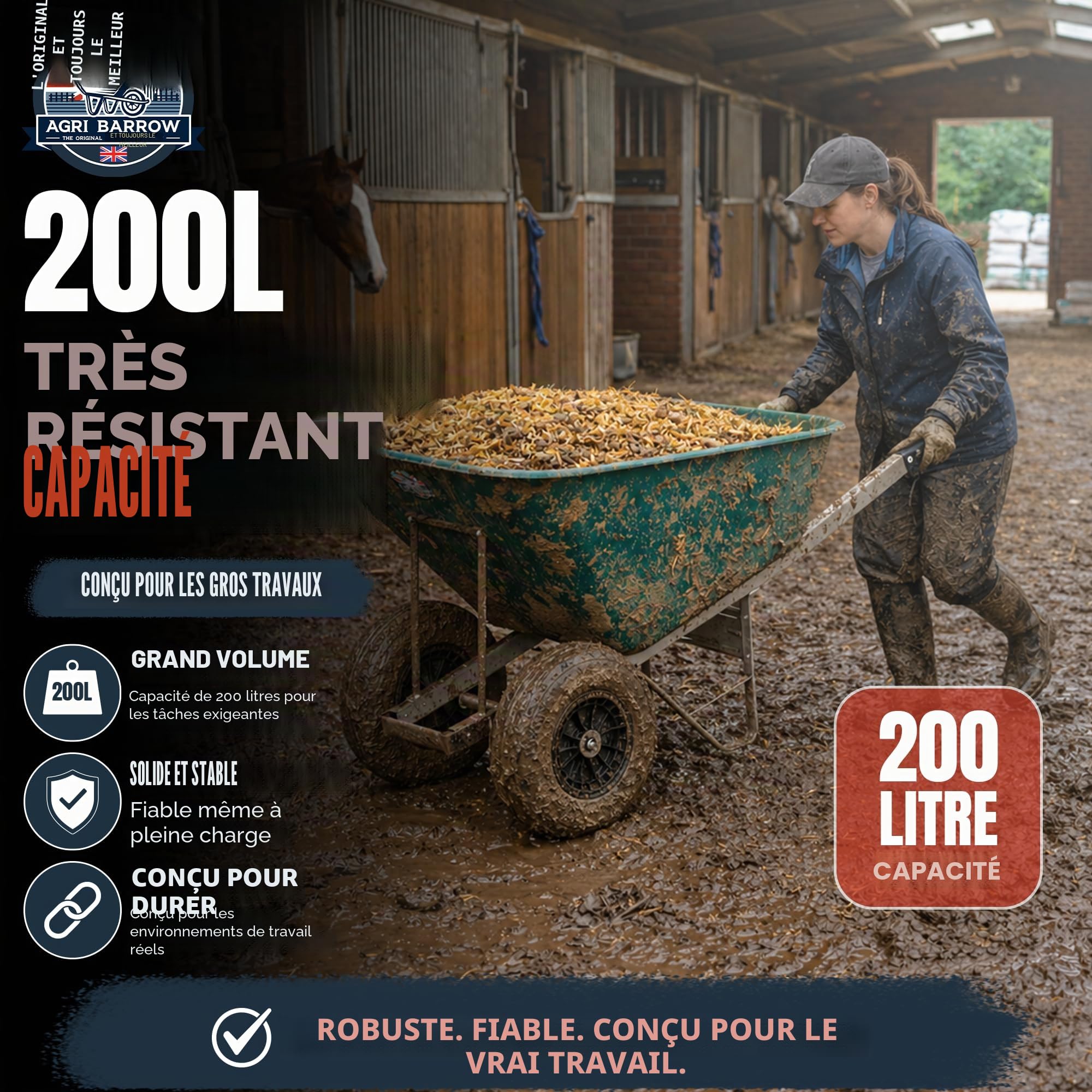 Brouette 200 litres en plastique avec pneus anti-crevaison Twin Slim Gris – Idéal pour les équestres, les agriculteurs, les jardiniers, les écuries et une utilisation intensive