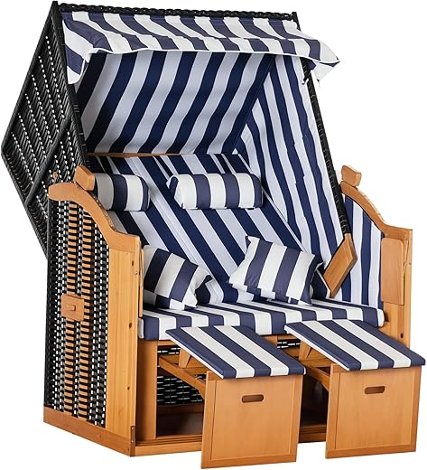 Outsunny Strandkorb Doppelte Sonnenliege mit Dach Doppelliege mit Getränkehaltern Chaiselongue 5-stufige Rückenlehne PE-Rattan Blau+Weiß 118 x 79 x 160 cm