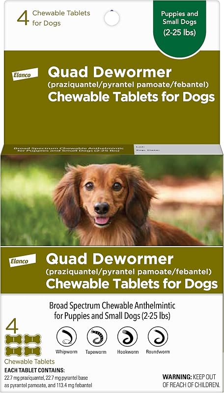 Desparasitante cuádruple masticable para perros pequeños, 2-25 libras, 4 tabletas masticables, blanco