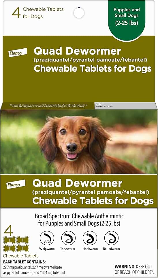 Elanco 小型犬咀嚼四驅蟲劑，2-25 磅，4 片咀嚼片，白色