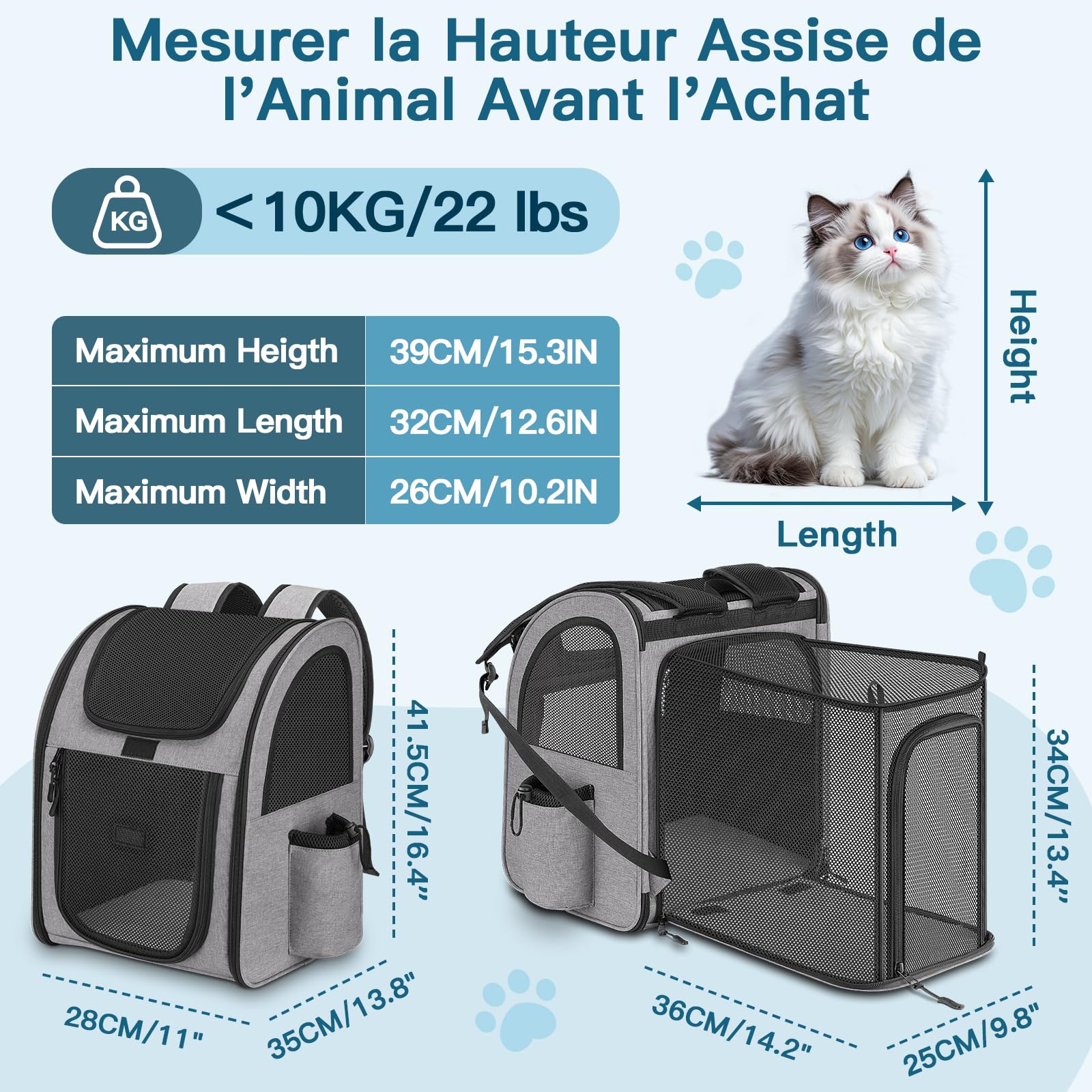 Sac à Dos Chat Chien, Extensible Charge Maximale 10kg Sac Transport Chat Chien, Sac a Dos pour Chien Chat avec Fenêtre en Maille, Spacieux Sac Voyage Chat Chien Laisse et Tapis Intégrés - Gris