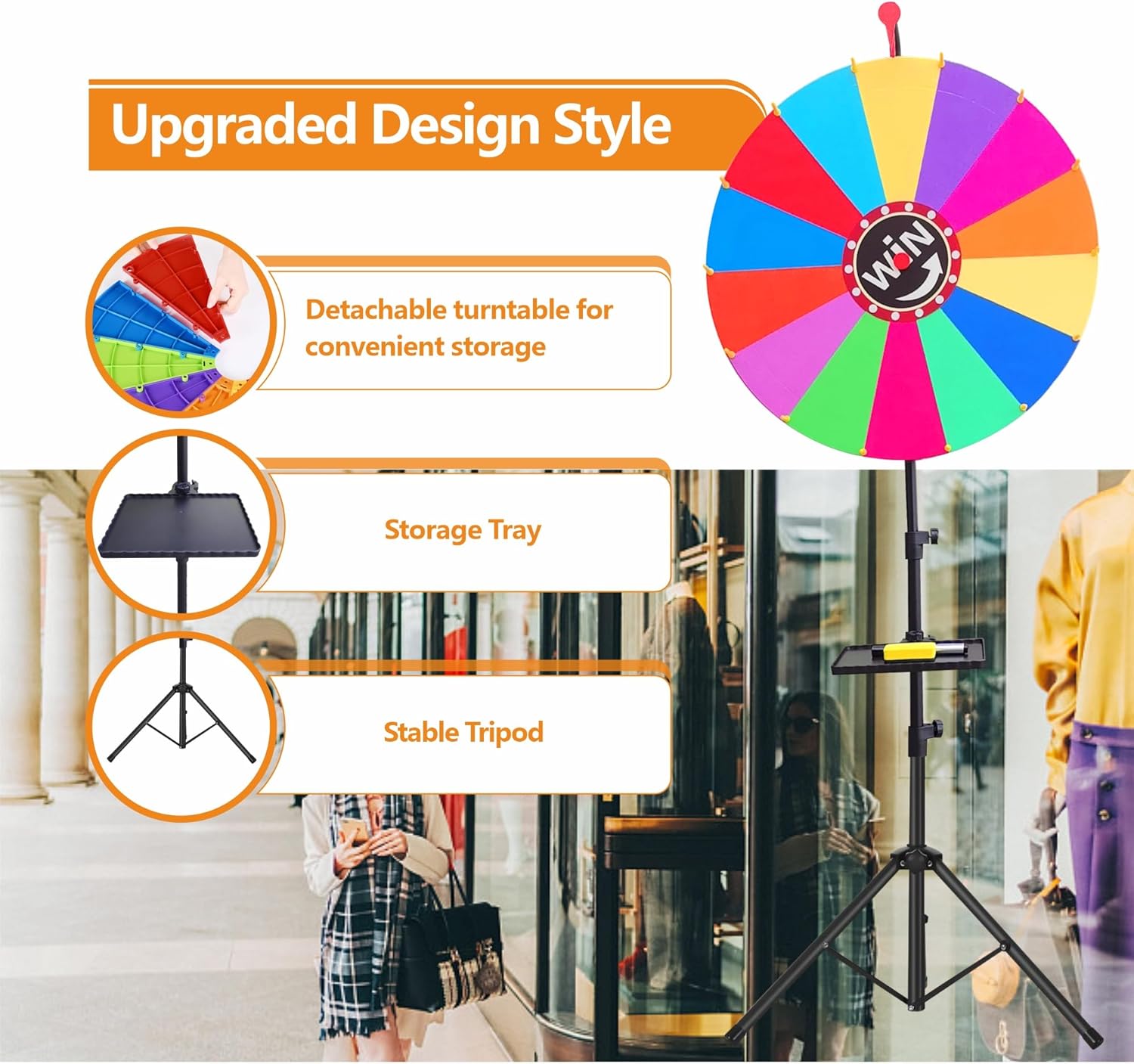 24 Inch Prize Wheel, Adjustable 35"-61" Height Spinning Wheel for Prizes, 14 Color Dry Erase Slots with Metal Tripod Stand, DIY Spinner Wheel for Carnival, Trade Show, Party, Family Game