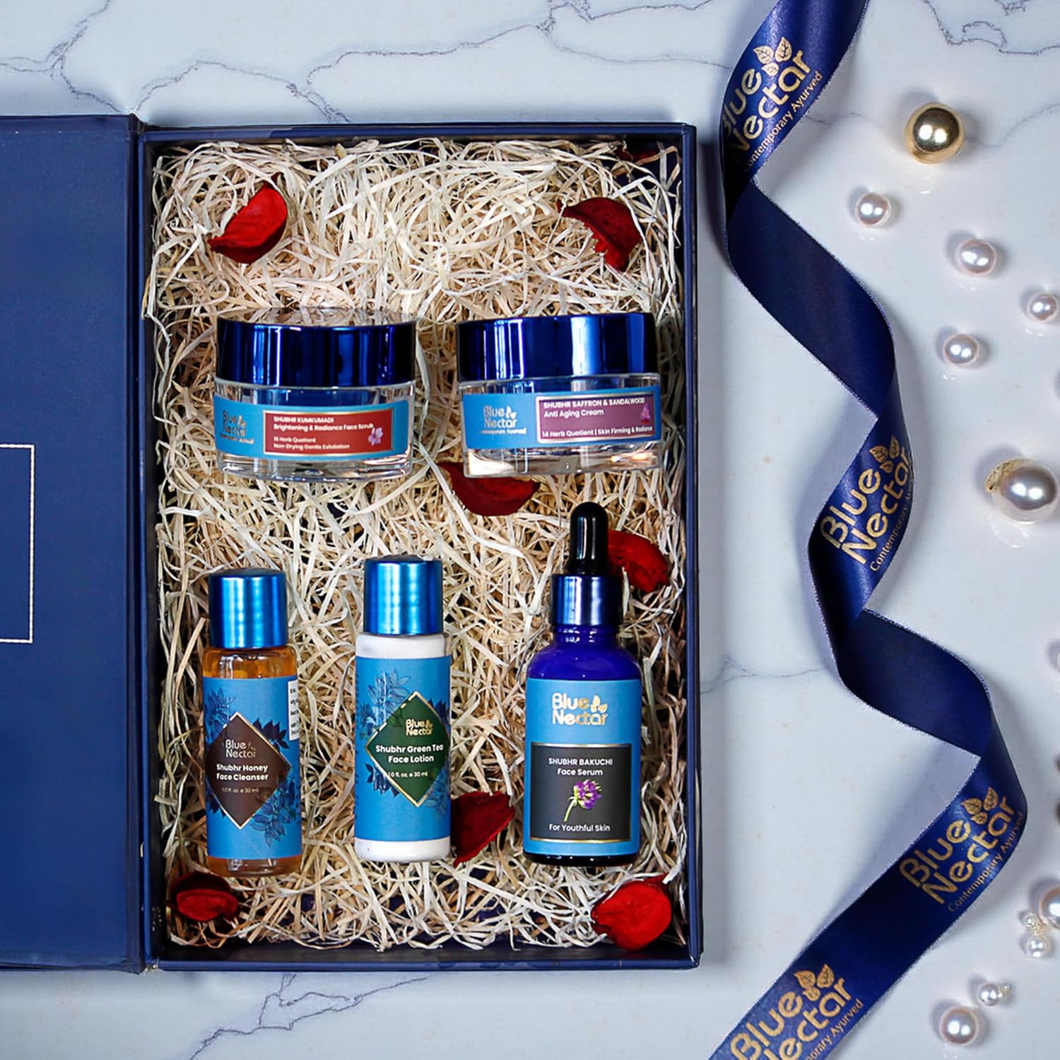 Premium Ayurvedic Beauty Gift Set for Women & Men | Blue Nectar Face Serum, Scrub, Face Wash, Cream & Lotion with Herbal Ingredients | Ideal Christmas Holidays Gift for Mom, Dad,Girlfriend & Coworkers
