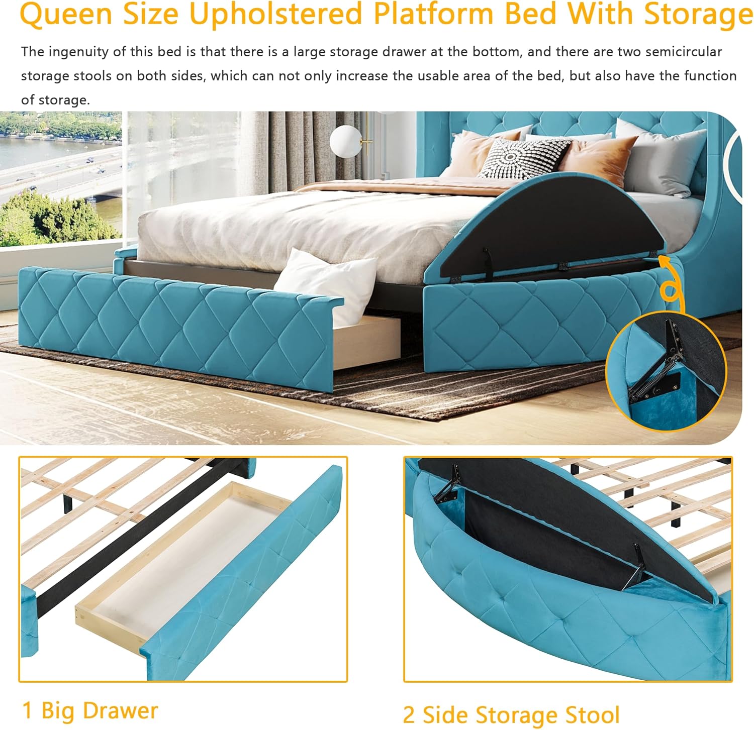 Bellemave Velvet Upholstered Queen Platform Bed with Storage, Queen Size Bed Frame with Headboard, 1 Big Drawer and 2 Side Storage Stool, Strong Wooden Slats/Easy Assembly (Blue)