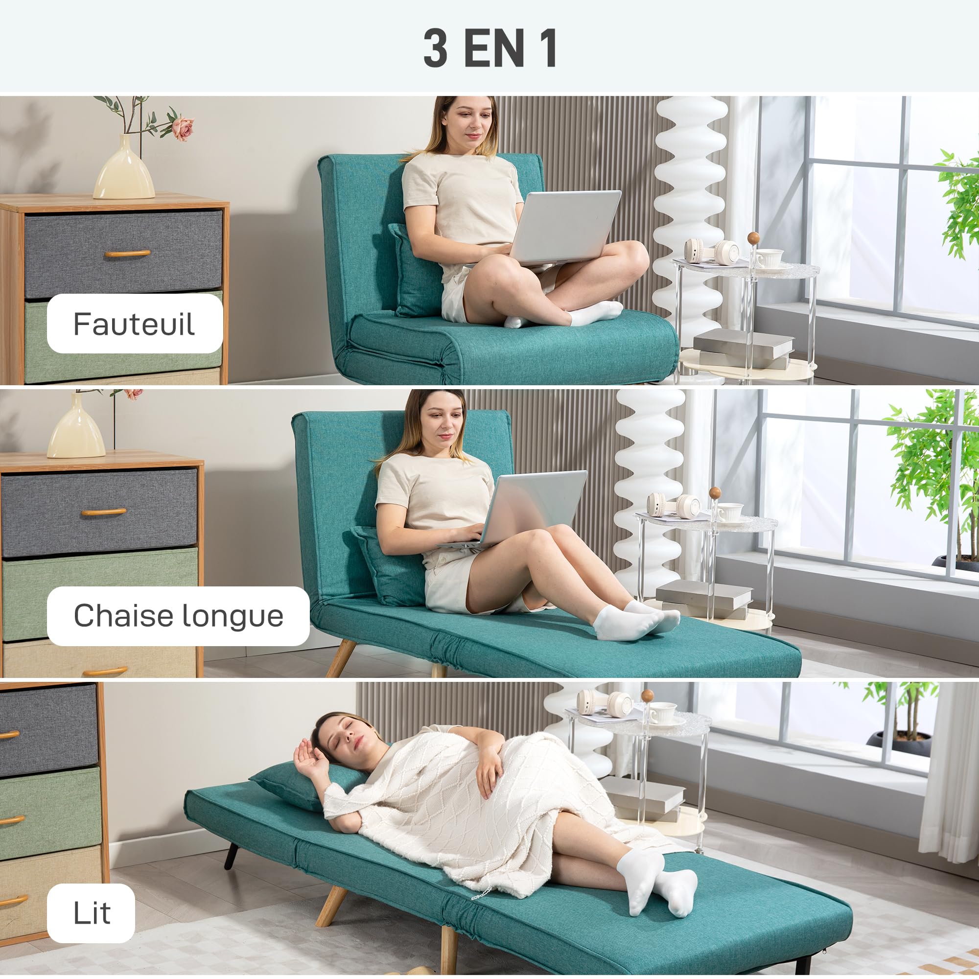 HOMCOM Poltrona convertibile 1 posto 3-in-1 con cuscino verde