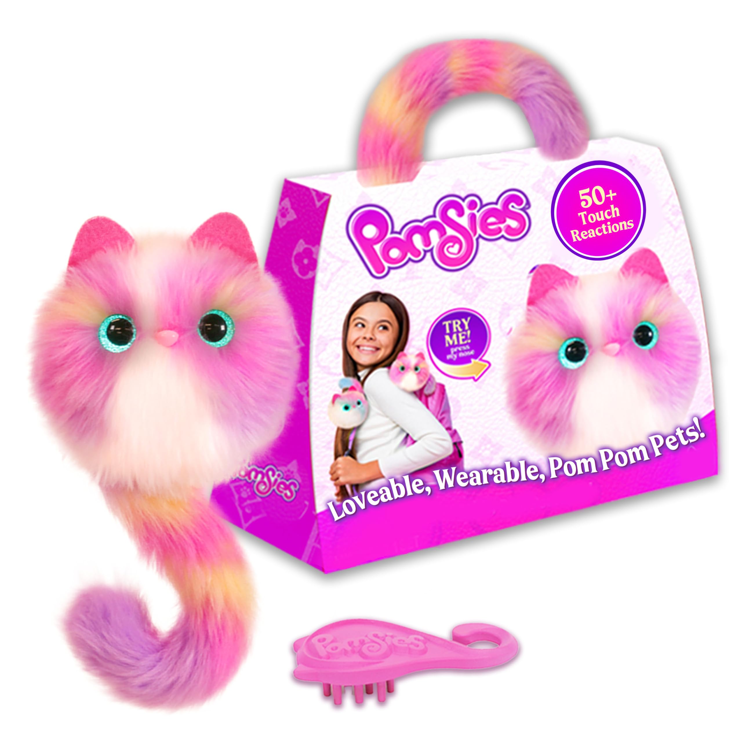 Pomsies Roxy Pink & Purple Interactive Pet Toy - Light-Up Eyes, Dance Mode & Sounds - Wearable Plush Toy for Girls - Collect Them All!