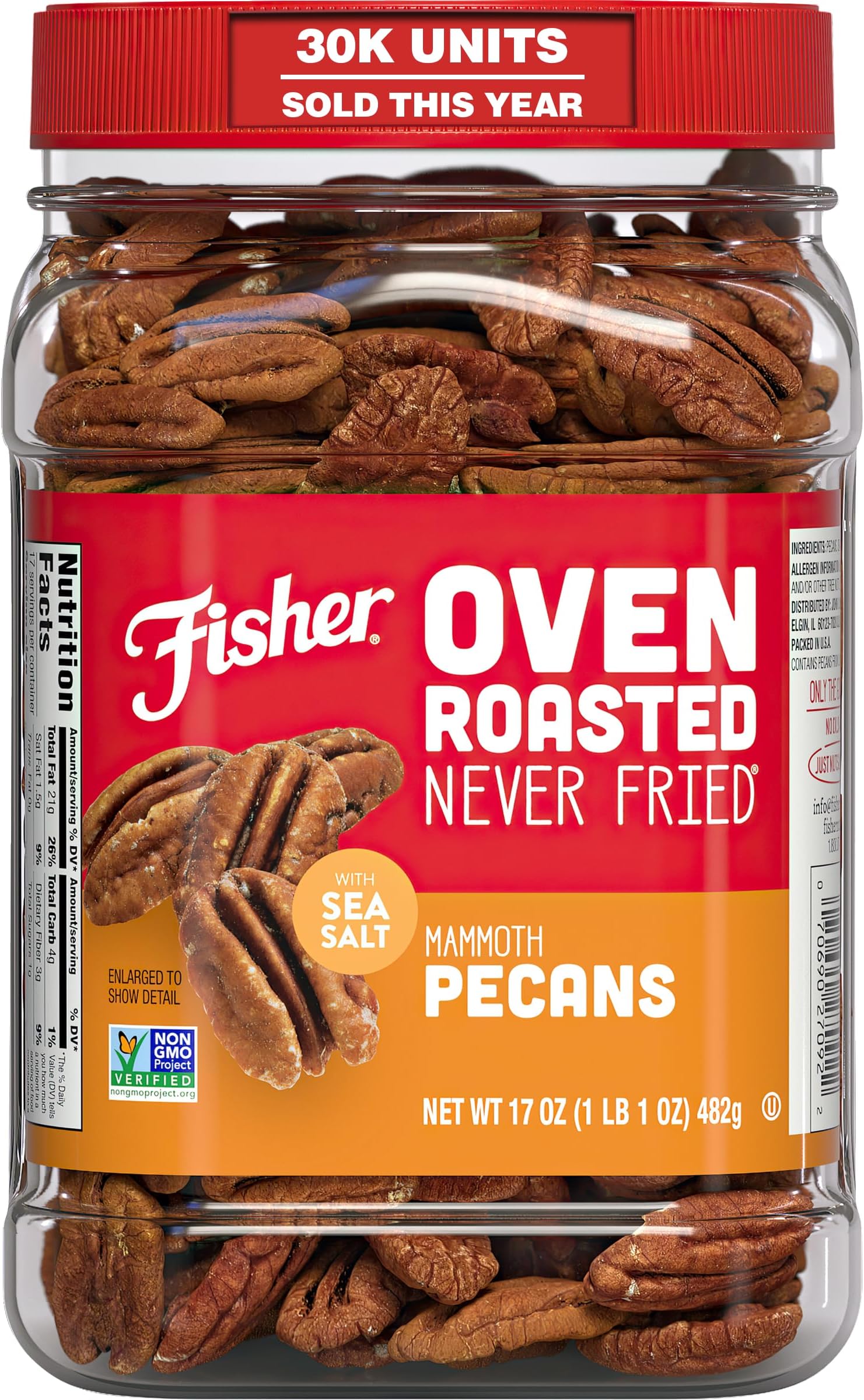 Fisher Oven Roasted Never Fried Mammoth Pecans, 17 Ounces | Pack Of 1, Heart Healthy Snacks For Adults, Made With Sea Salt, No Added Oil Or Artificial Ingredients, Gluten Free
