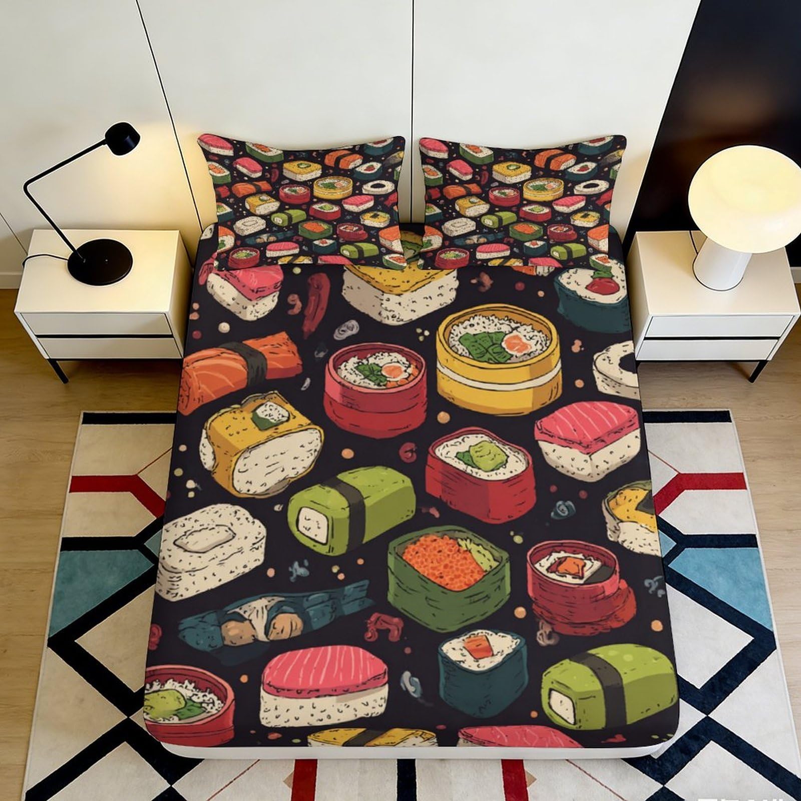 3D Printed Sushi Cartoon Fitted Sheet Microfiber Soft Anti-Slip Japanese Food Bed Cover for Bedroom Dorm Easy Care Decor 140x200x25cm