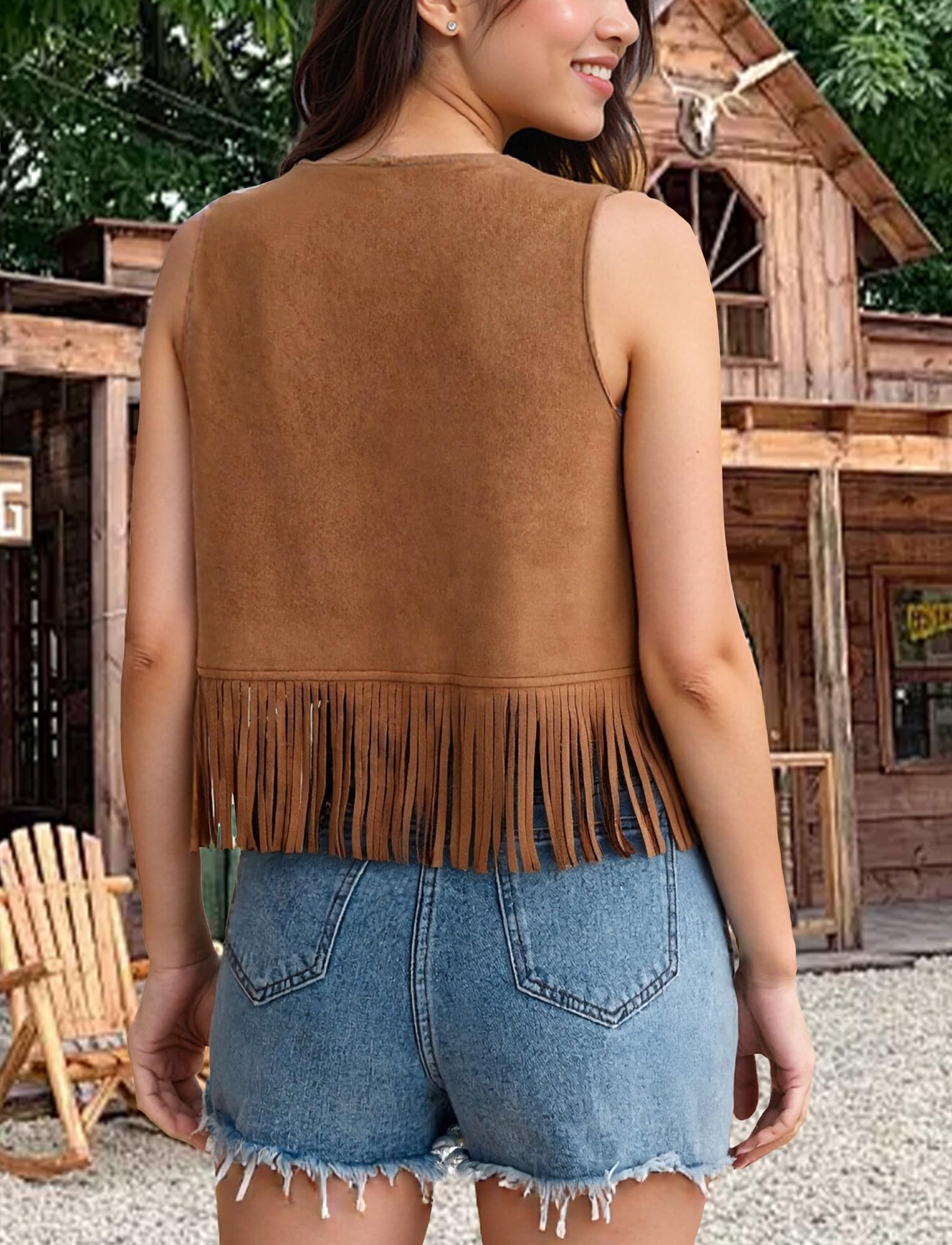 Chaleco corto de ante flecos para mujer sin mangas años 70 S-XXL