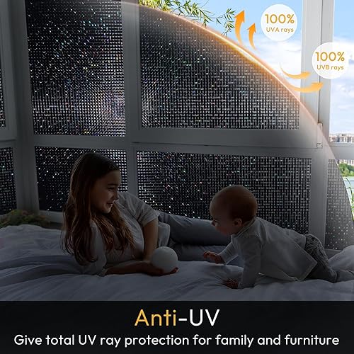 Miniatura 12 de rabbitgoo Película de privacidad para ventana, película decorativa de mosaico de arco iris, tinte de adherencia estática extraíble, cubierta