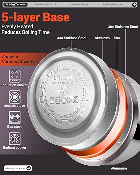 Whistling Tea Kettle for Stovetop, (2.64 Quart-Mirror) Food Grade Stainless Steel Teapot of 5-layer base