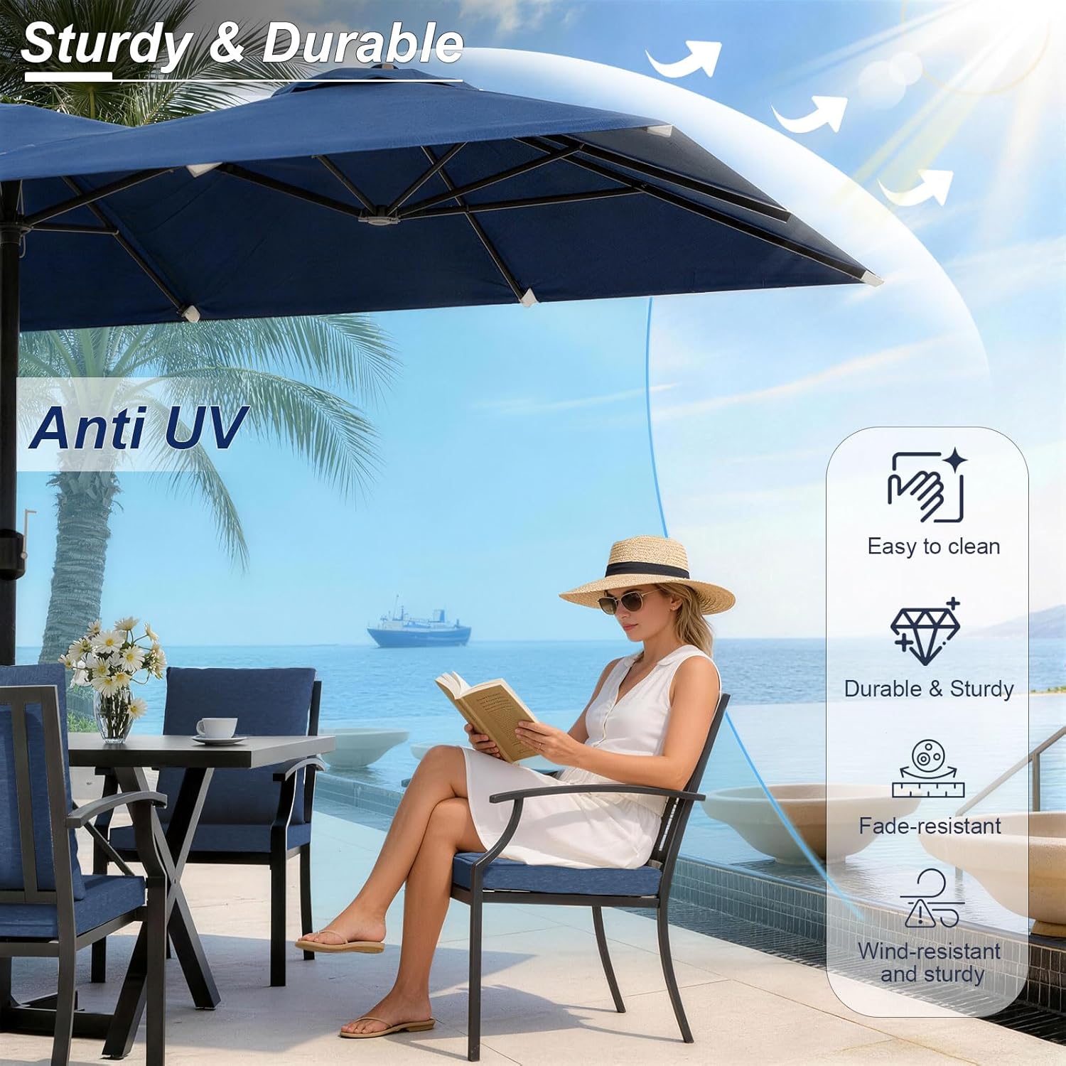 10 Piece Outdoor Dining Set for 8, Patio Table and Chairs Set with Umbrella, Metal Patio Furniture Set with 8 Stackable Chairs, Outdoor Table and Chairs with Cushions for Lawn, Garden, Yard-Navy