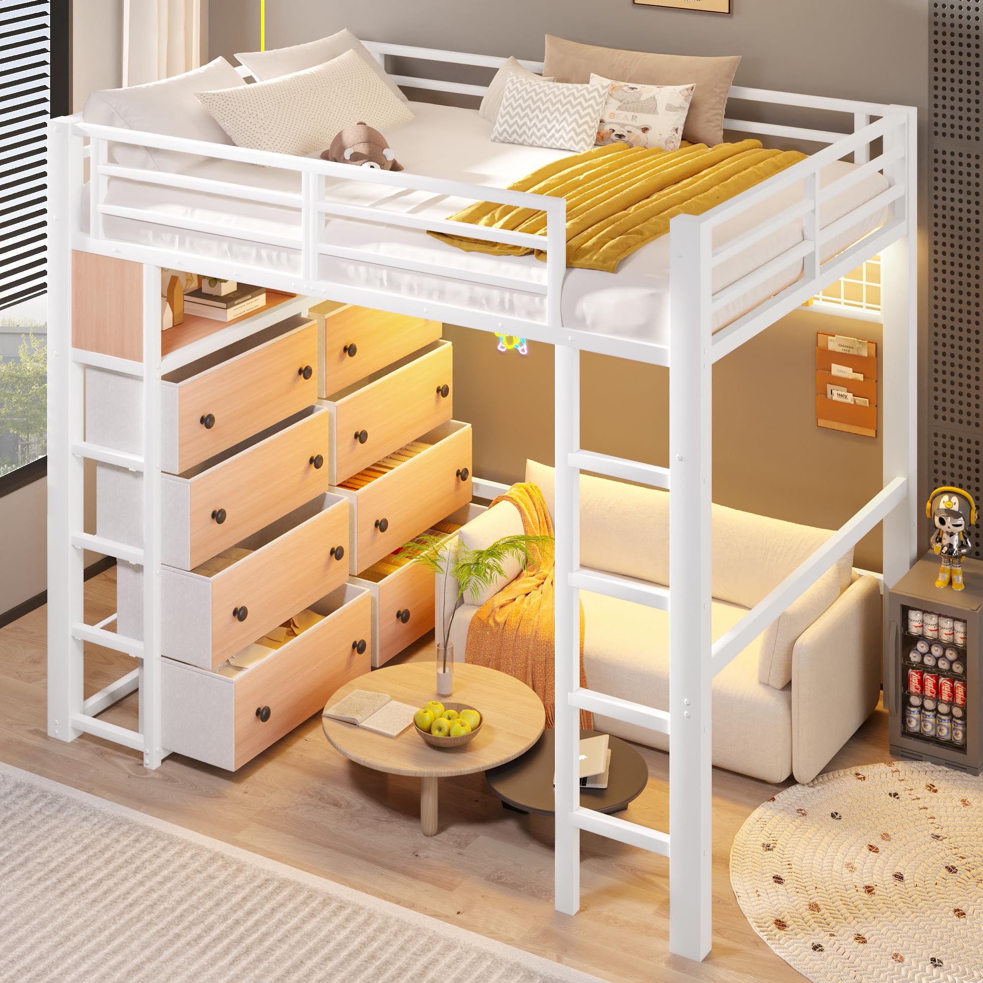 BTM Metall Hochbett 140x200 mit Modulares Schubladen Stauraum Hochbett Jugendliche mit LED, Regalen und Lochwand, Weiß