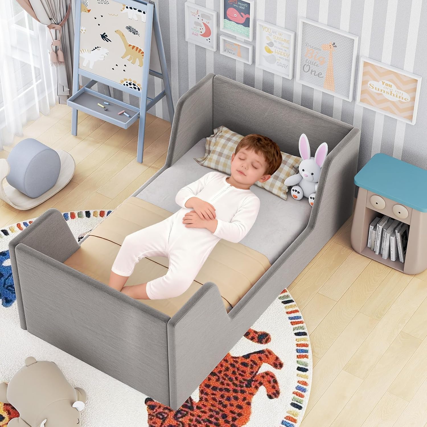 Costzon Toddler Bed, Soft Velvet Fabric Upholstered Children Floor Bed Frame with Safety Rails, No Mattress, Kids Bed for Girl Boys (Wood Foam, Gray)