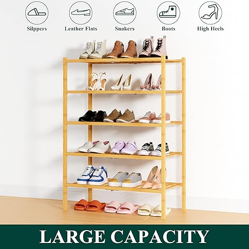 Miniatura 6 de Smiry Zapatero de bambú grueso de 5 niveles, apilable, estante de almacenamiento de zapatos de madera para armario, entrada, entrada de puerta