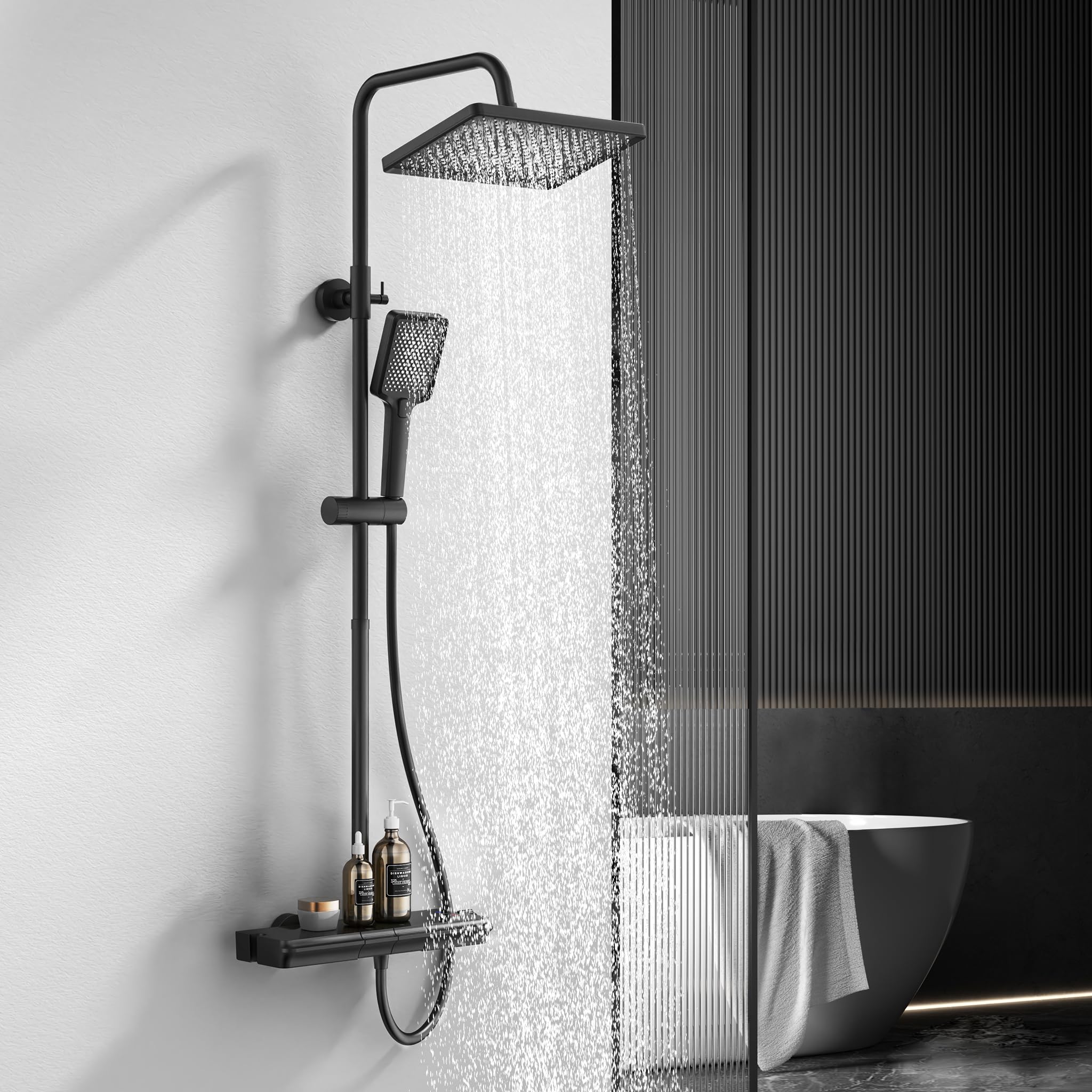 HOMELODY Duschsystem mit Thermostat und Glasablage Schwarz - 30x20cm Groß Kopfbrause Regendusche und 3 Strahlarten Handbrause, 2 Klavierknöpfen Duscharmatur Komplettset, Duschgarnitur mit Regendusche