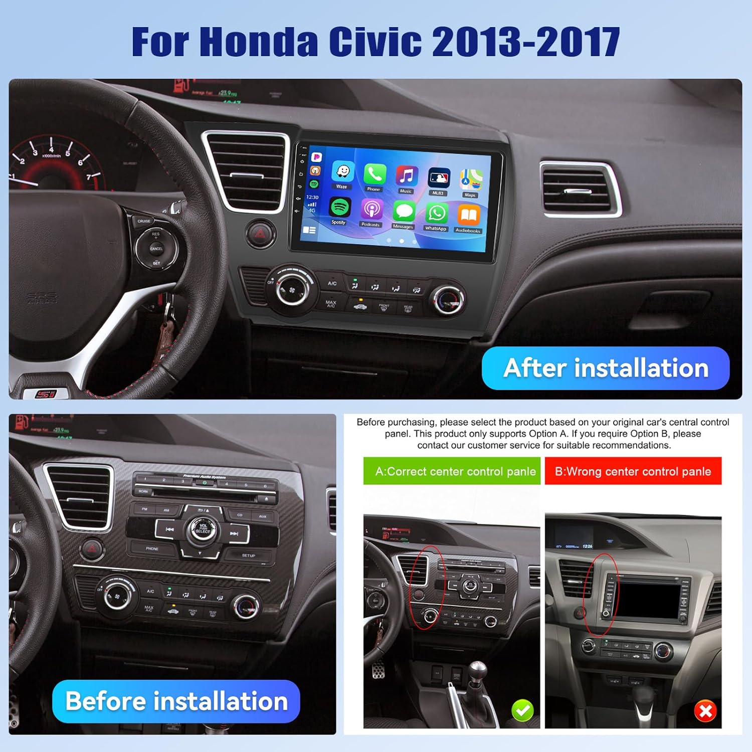 Comparison of Honda Civic center console before and after car stereo installation, highlighting compatible and incompatible designs.