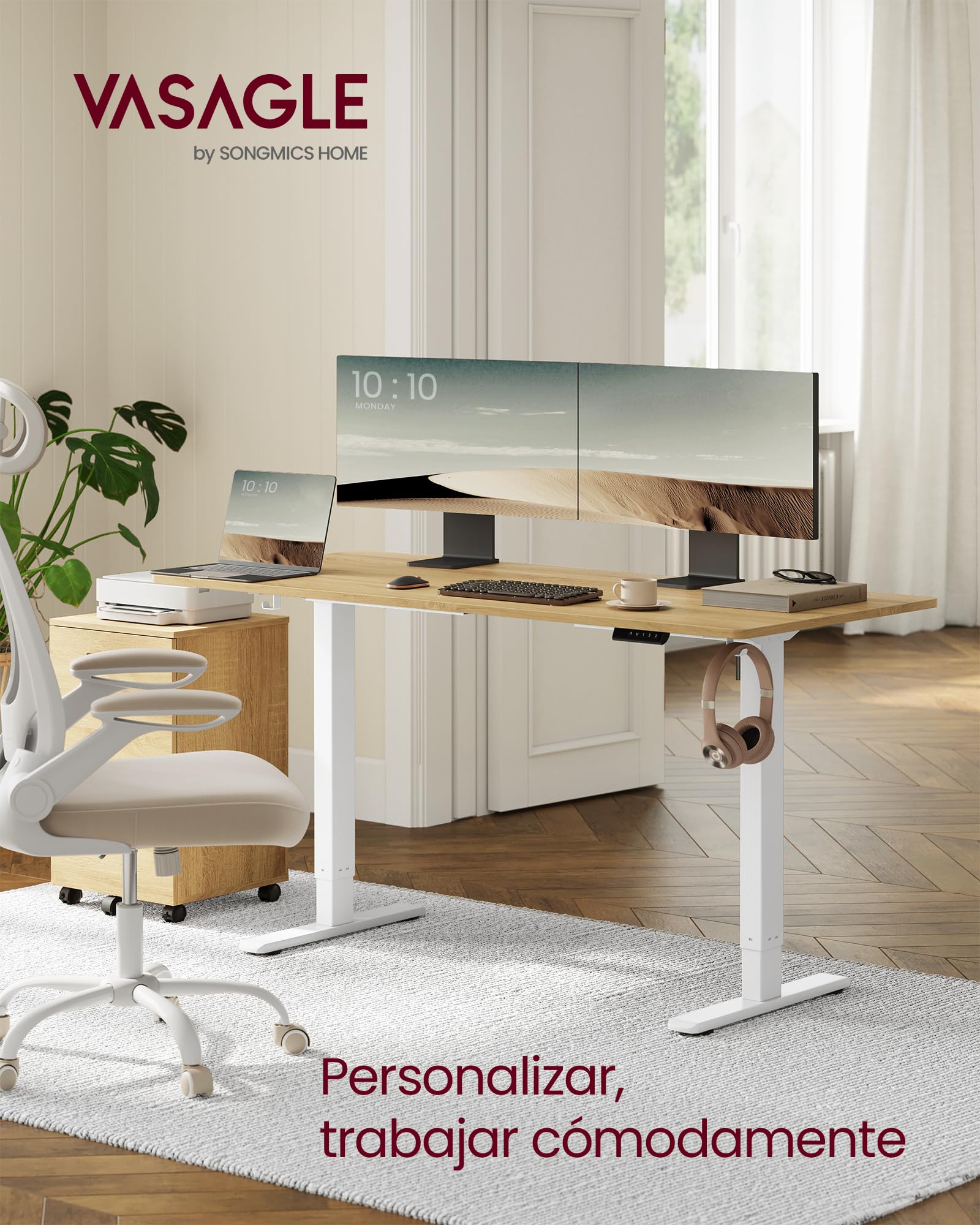 VASAGLE Escritorio Eléctrico Regulable en Altura, Soporte de Escritorio, sin Tablero, con 2 Ganchos, Función de Memoria de 3 Alturas, Acero, Blanco Mate LSD021W01V2