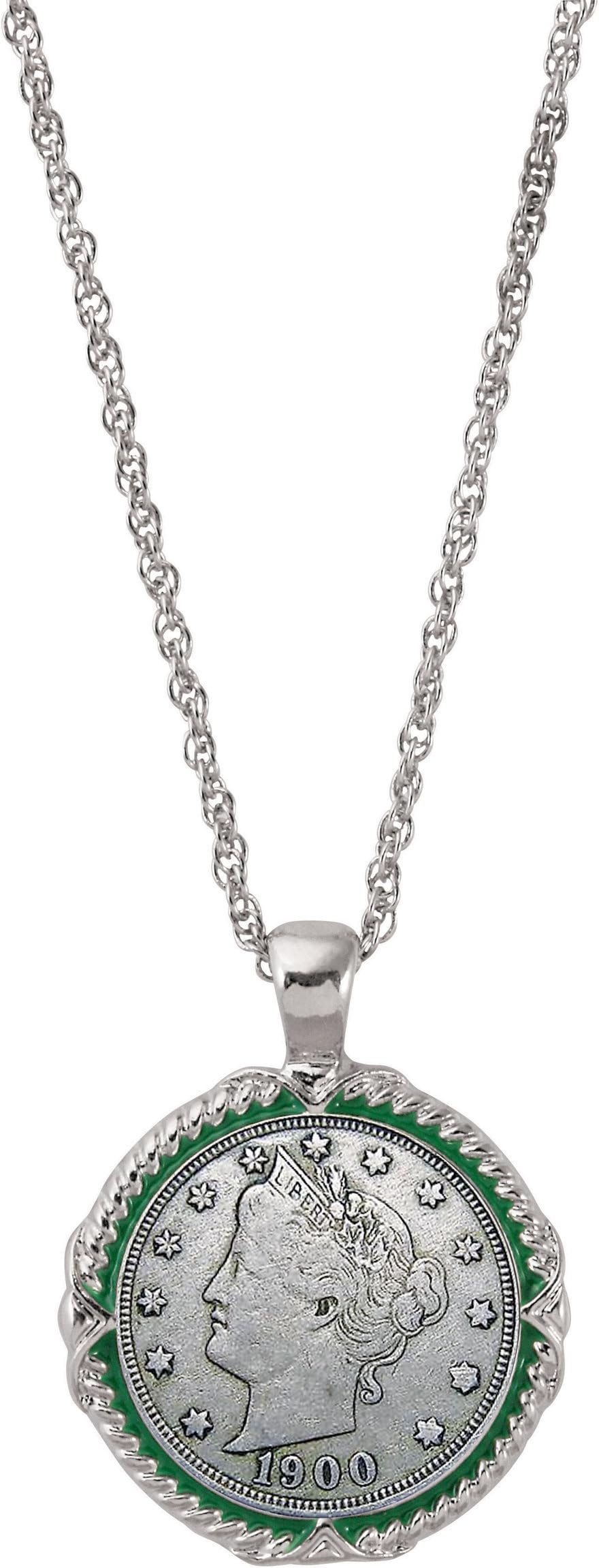 Liberty Nickel Green Enamel Coin Pendant Necklace