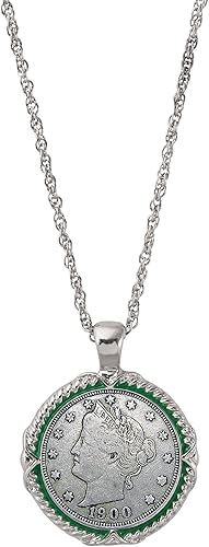 American Coin Treasures Collar con colgante de moneda esmaltada verde níquel Liberty, Acero aleado