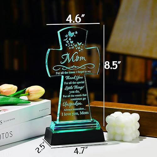 Miniatura 5 de Qianwei Regalos para mamá de hija e hijo, regalos cristianos de cruz de cristal para mamá con base de luz LED colorida  Navidad, San Valentín, Día