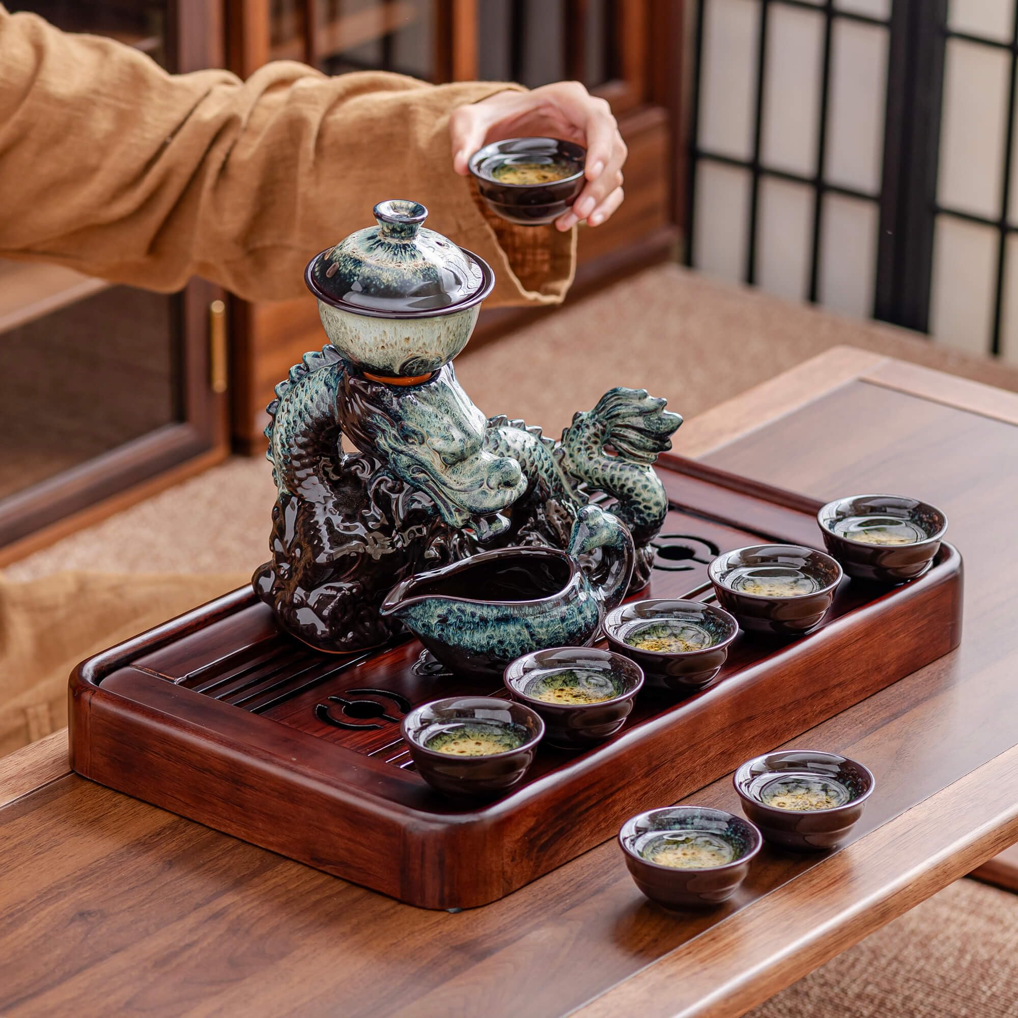 Tetera de cerámica con infusor, Juego de té semiautomático, Tetera mágica con 8 Tazas, Color Degradado (dragón Degradado - C)