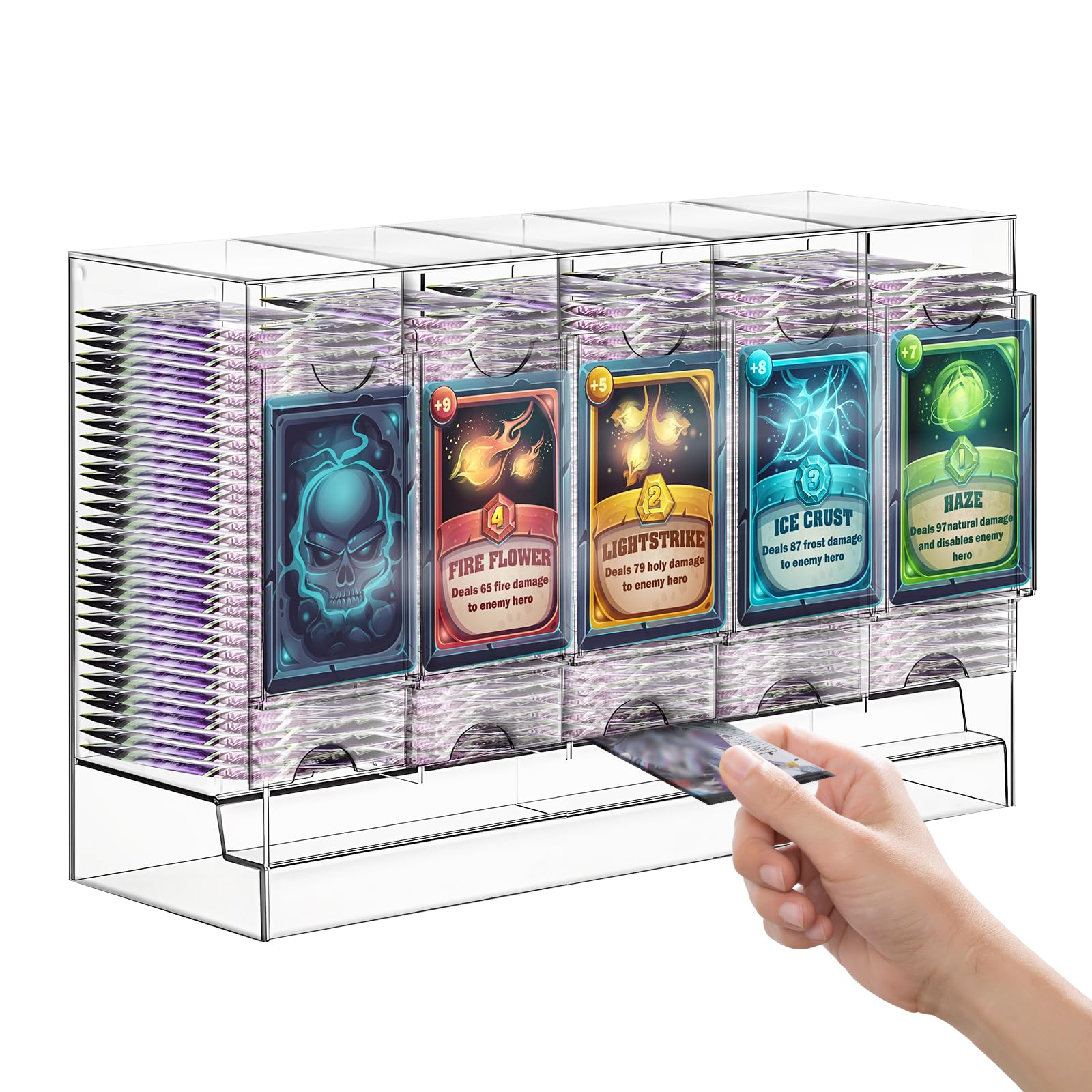 Dispensador de 5 ranuras con base negra, se adapta a 200 paquetes de refuerzo para dispensar, compatible con potenciadores de tarjetas coleccionables TCG y potenciadores de tarjetas deportivas