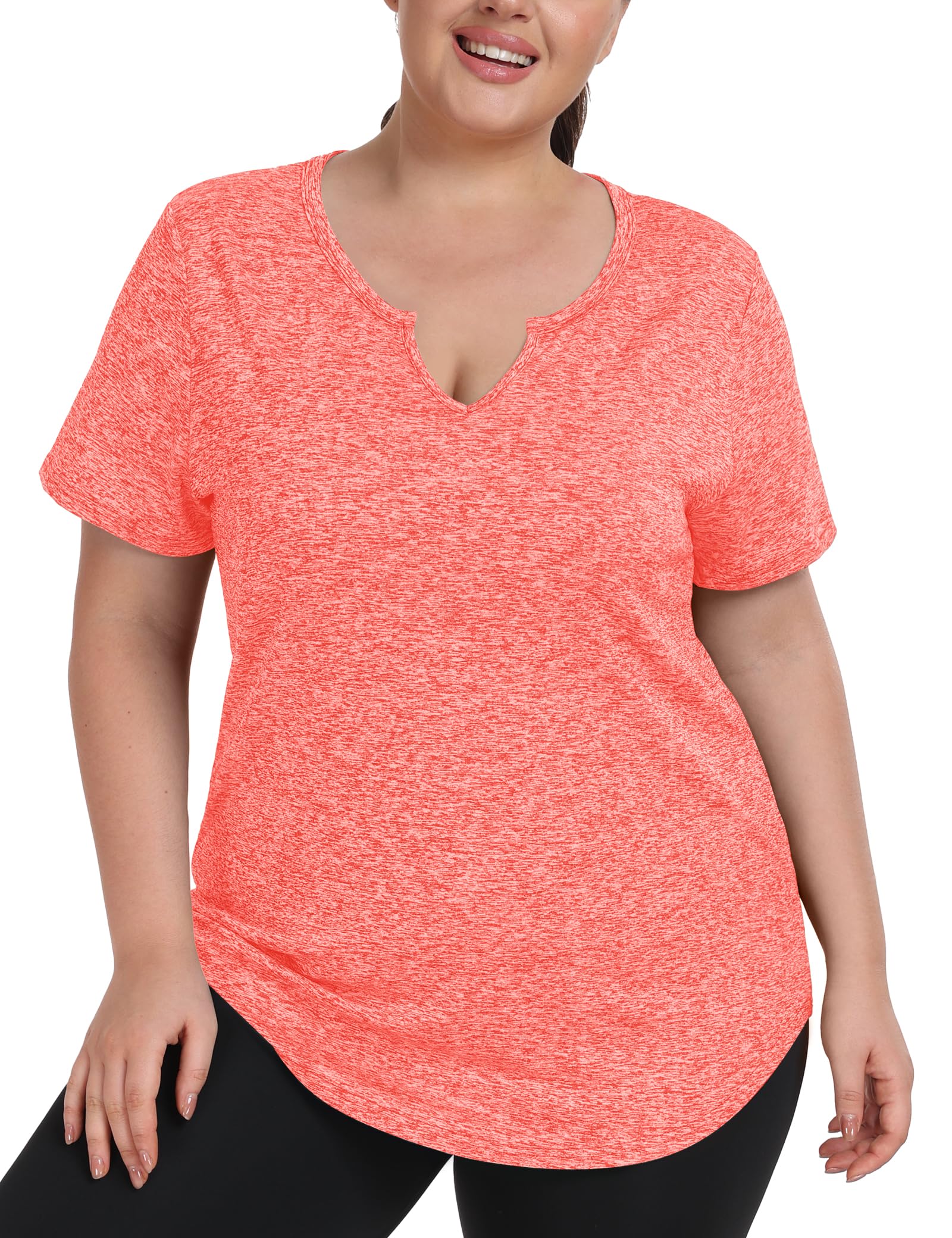 FOREYOND Plus Size Workout Tops for Women V-Neck Athletic Sport Short Sleeves Tops, Coral Orange, 2XL