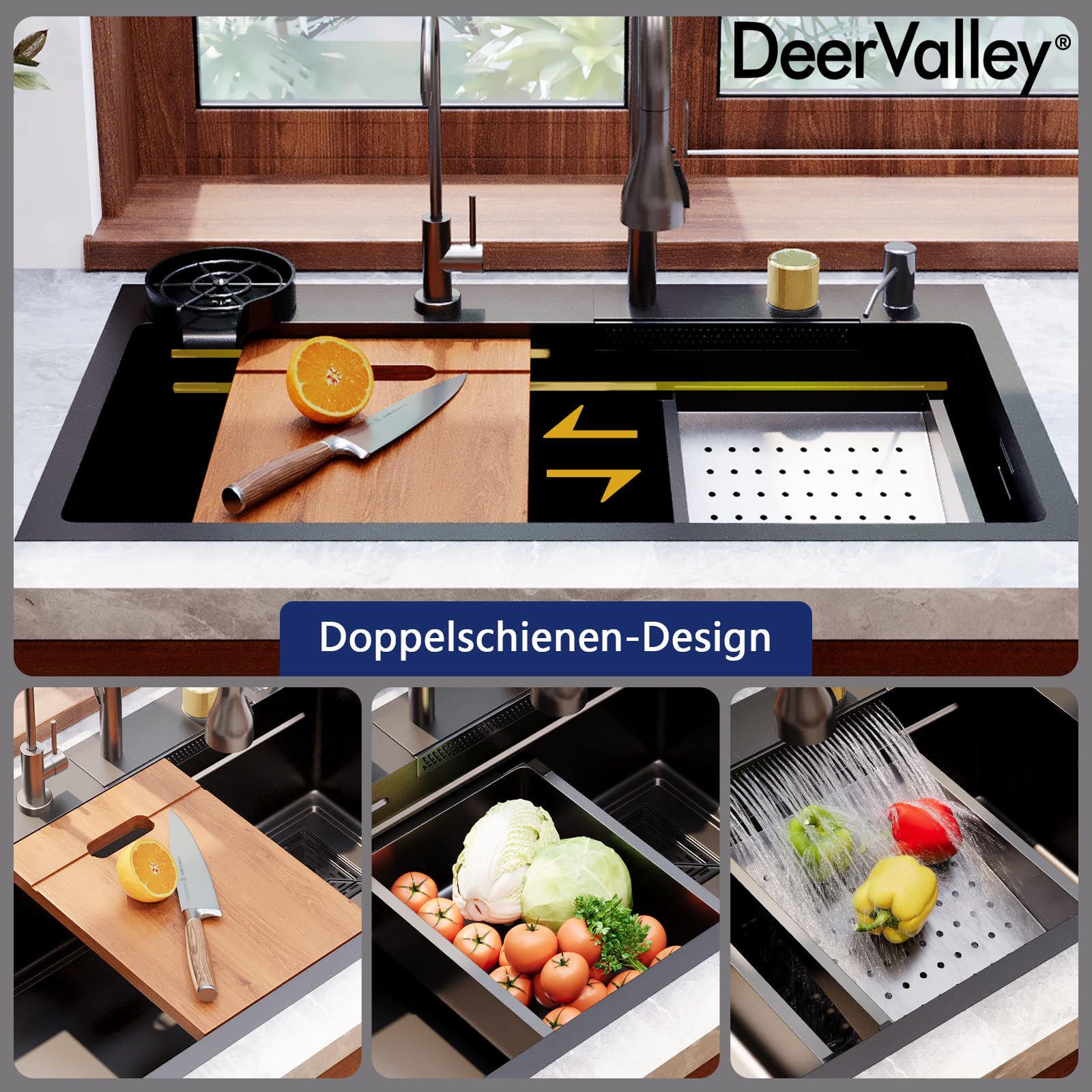 DeerValley Waschbecken Küche Schwarzgrau Edelstahl Küchenspüle mit Ausziehbarem Wasserhahn und Raindance Wasserfall-Spülbecken, Großes Spülbecken (74.9 cm L x 45.7 cm) mit Becherreinigungsfunktion