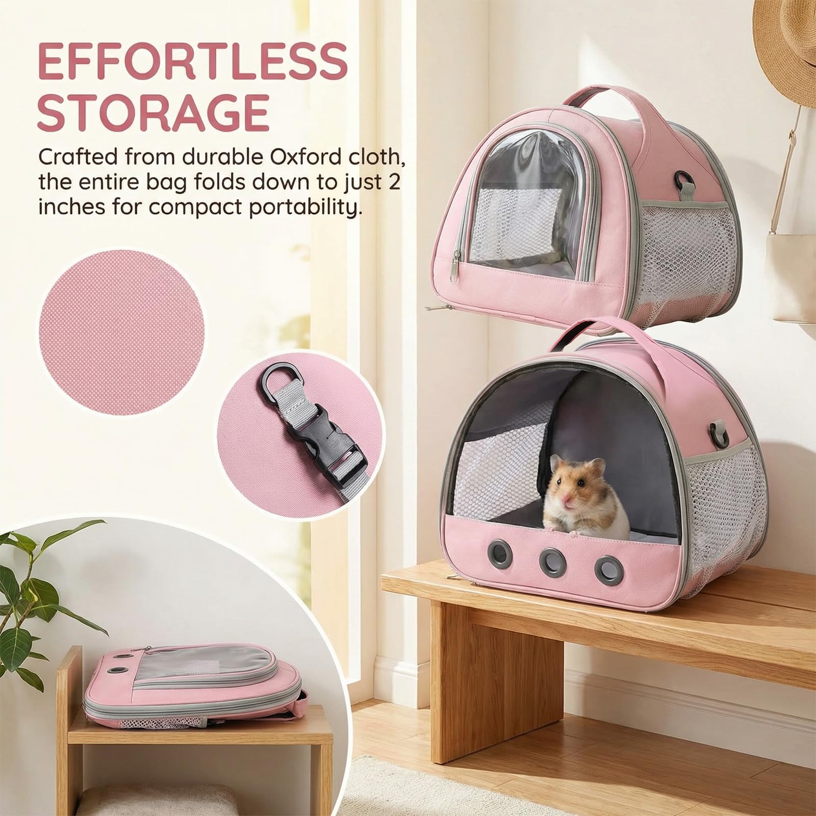 Sac de Transport Petit Animal, Cage de Voyage Pliable avec Fenêtre PVC et Grille Aérée, Bandoulière Réglable pour Hamster, Cochon d'Inde, Oiseau, Rongeur(30x25x25cm)