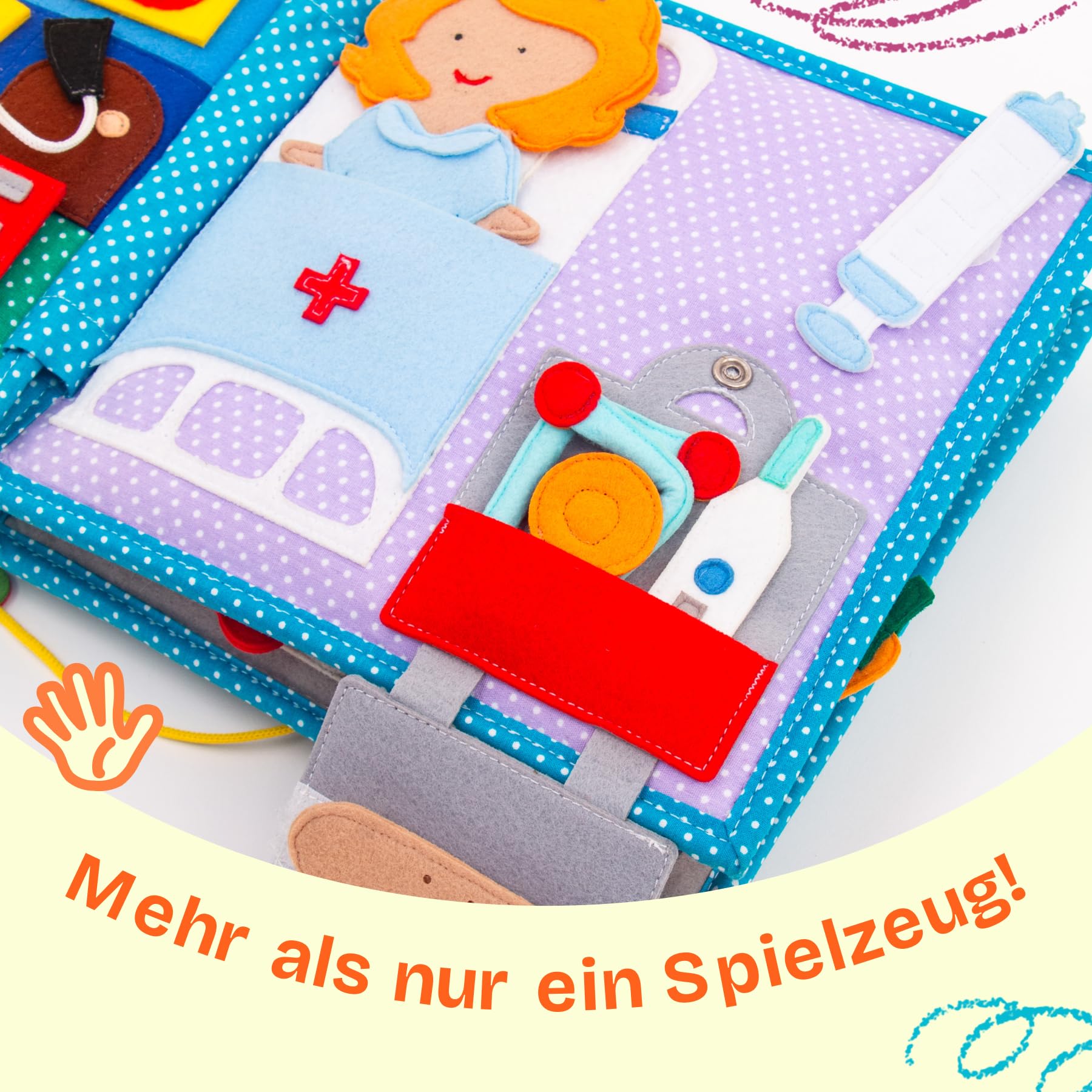 Jolly Designs – Mein Traumjob – 6 Seiten Quiet Book – Montessori Spielzeug ab 3 Jahren – Motorik & Sensorik fördern – Handgefertigtes Filzbuch – Lernspielzeug für Kleinkinder – Busy Book für unterwegs
