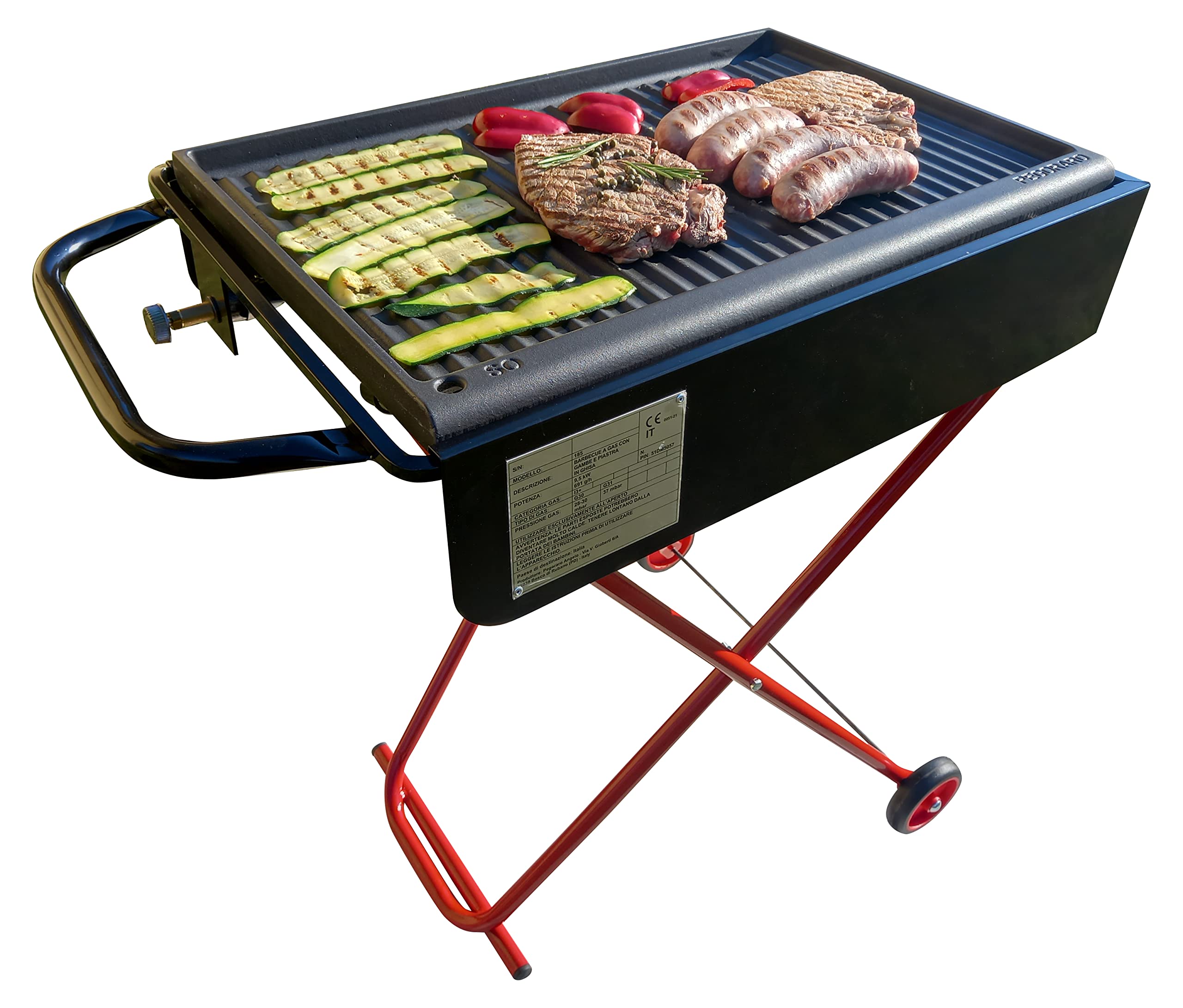 Barbecue a gas pieghevole con ruote nero e rosso, 60x38 cm
