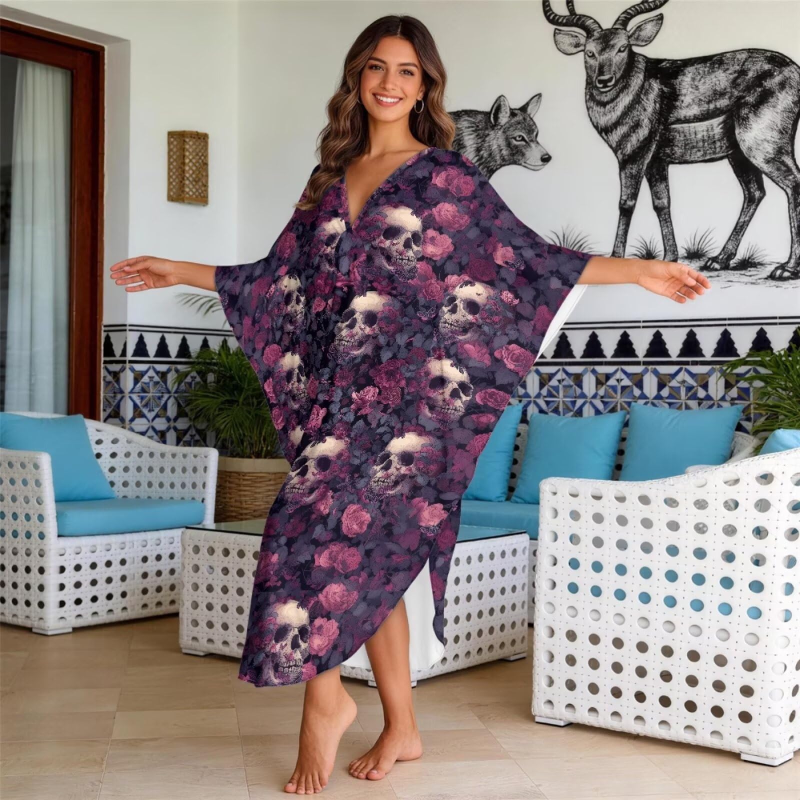 Abito estivo da donna, caftano, copricostume da spiaggia, maniche a pipistrello, maxi abito da spiaggia con scollo a V, taglie forti