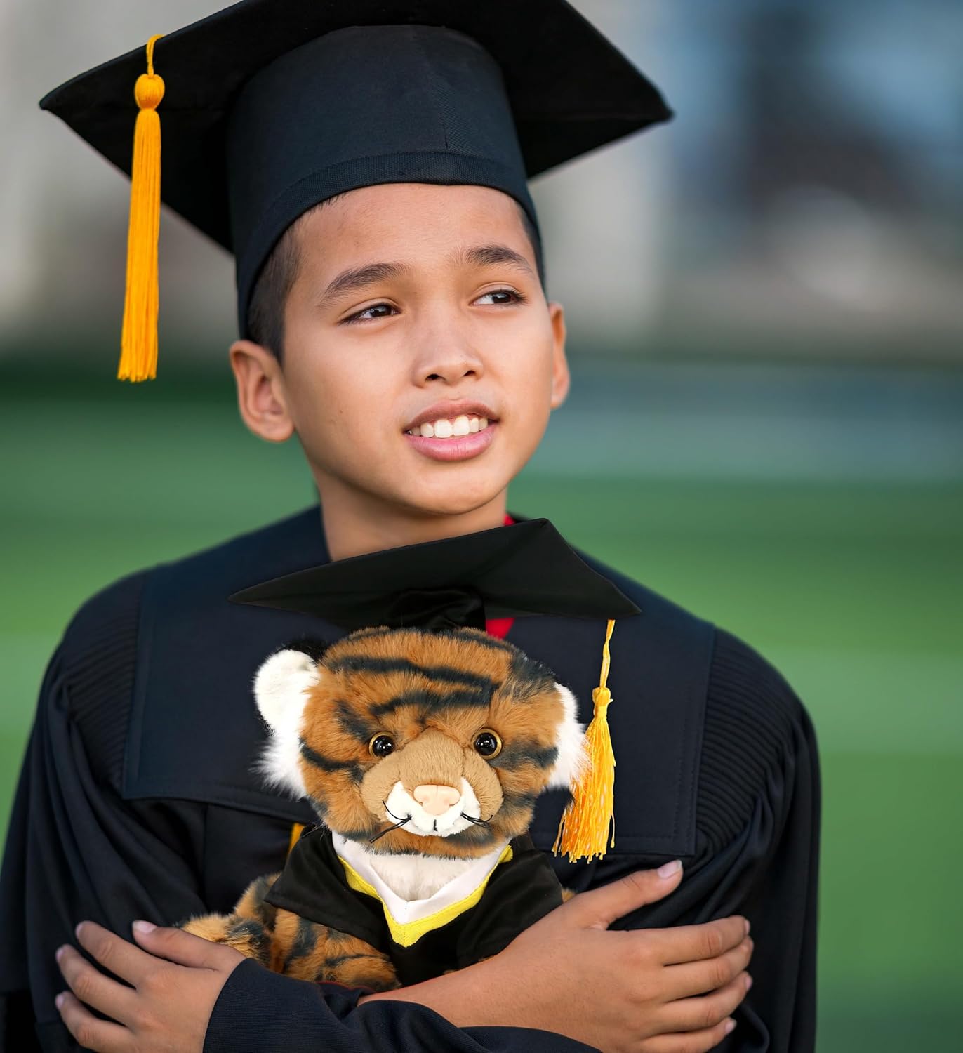 DolliBu Squat Tiger Graduation Plush Toy - Soft Tiger Plush Graduation Stuffed Animal Dress Up with Gown and Cap with Tassel Outfit - Gift with Personalization - 8 Inches
