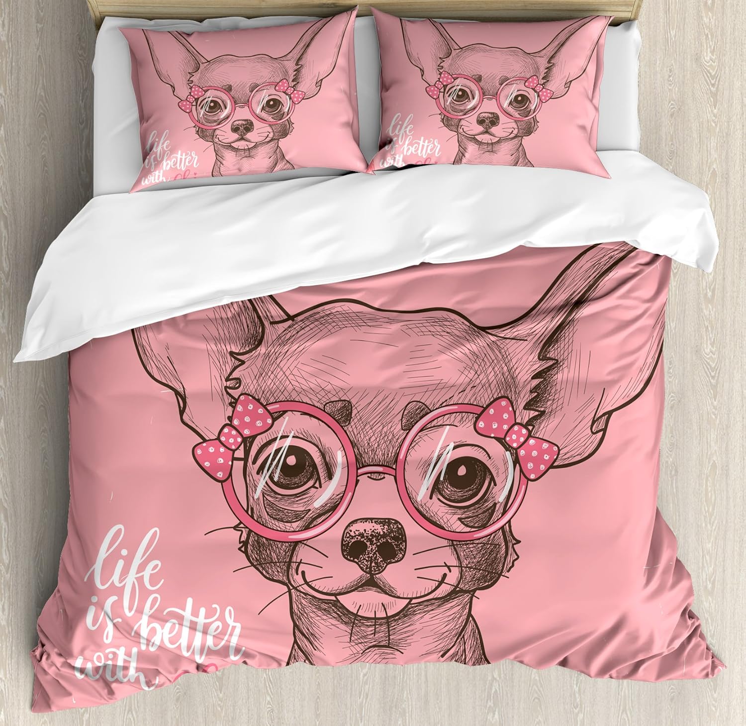 Ambesonne Dog Duvet Cover Set, Girl Chihuahua Sketch Illustration Words Fashion Glasses Ribbons Puppy, Decorative 3 Piece Bedding Set with 2 Pillow Shams, King Size, Pale Pink Army Green King Pale Pink Army Green