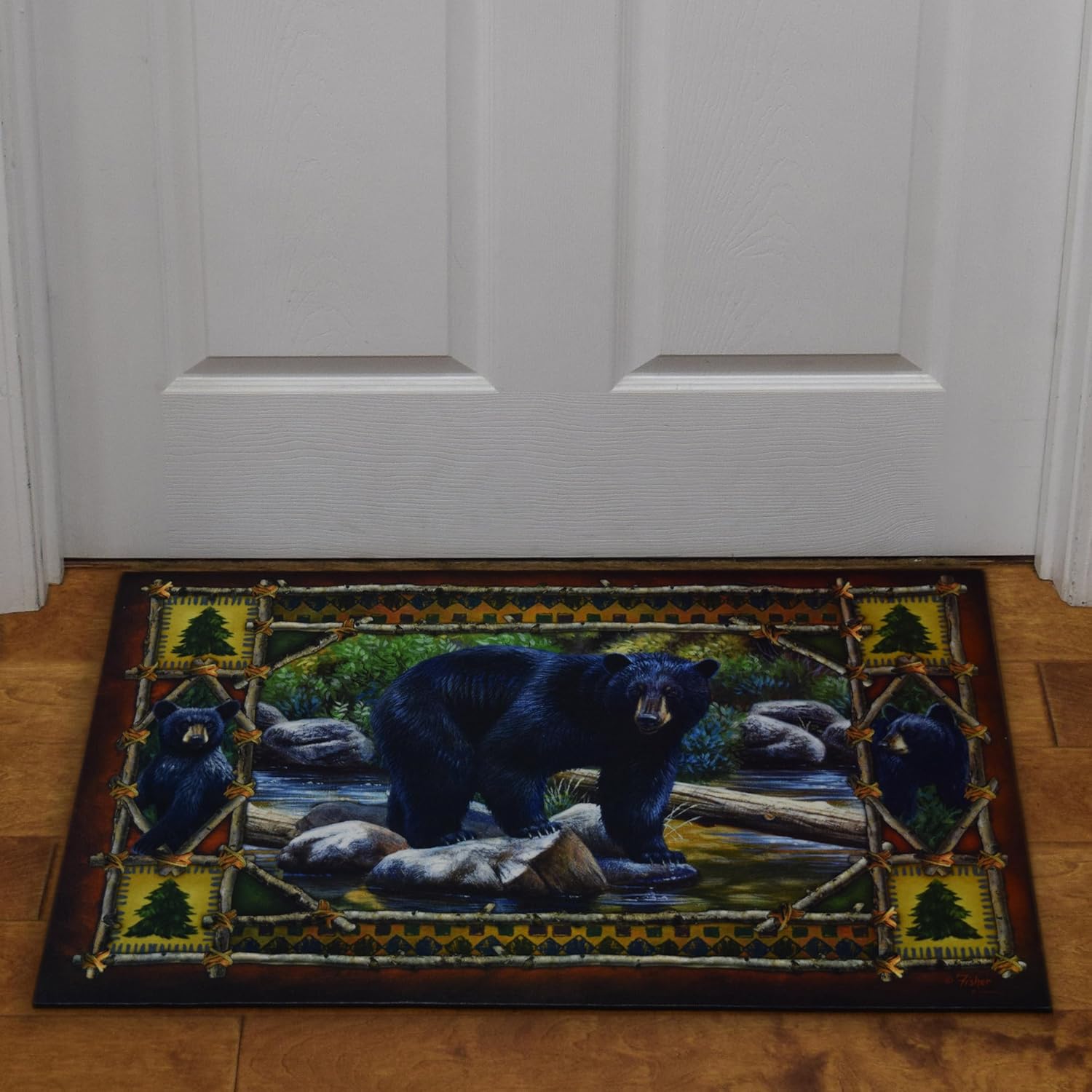 Rivers Edge Products Rubber Door Mat, 26" x 17" Anti-Slip Indoor or Outdoor Rug, All Weather Welcome Mat for Front Door, House Entryway, Patio, or Garage, Waterfall Mama Bear with Cubs