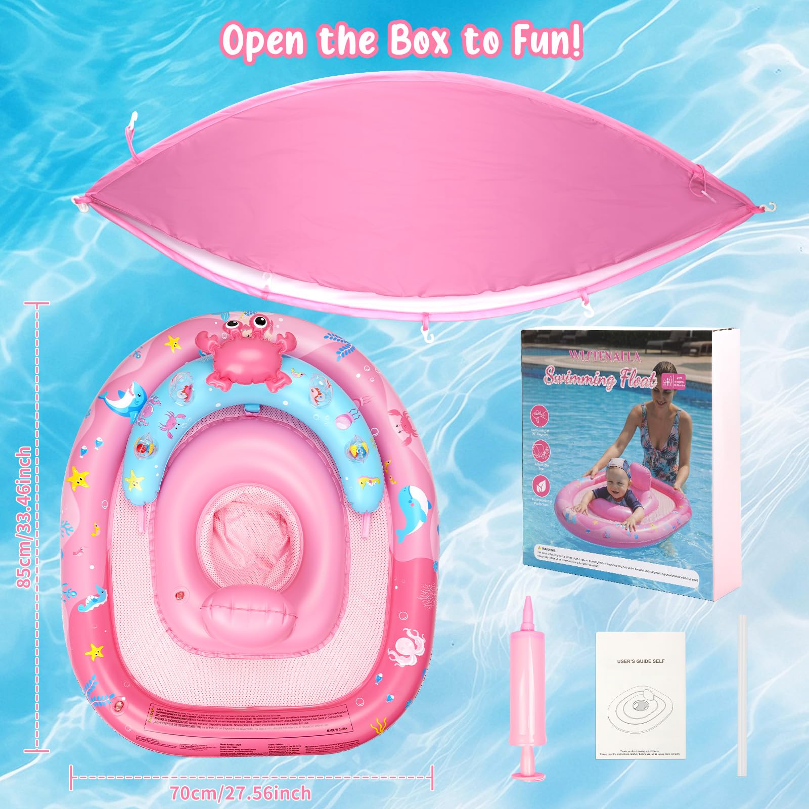 Anello da nuoto per bambini con sedile di sicurezza regolabile e tettuccio parasole UPF50+, aiuto per nuotare e nuotare per bambini da 6 a 36 mesi, stabile piscina galleggiante per mare, lago e vasca