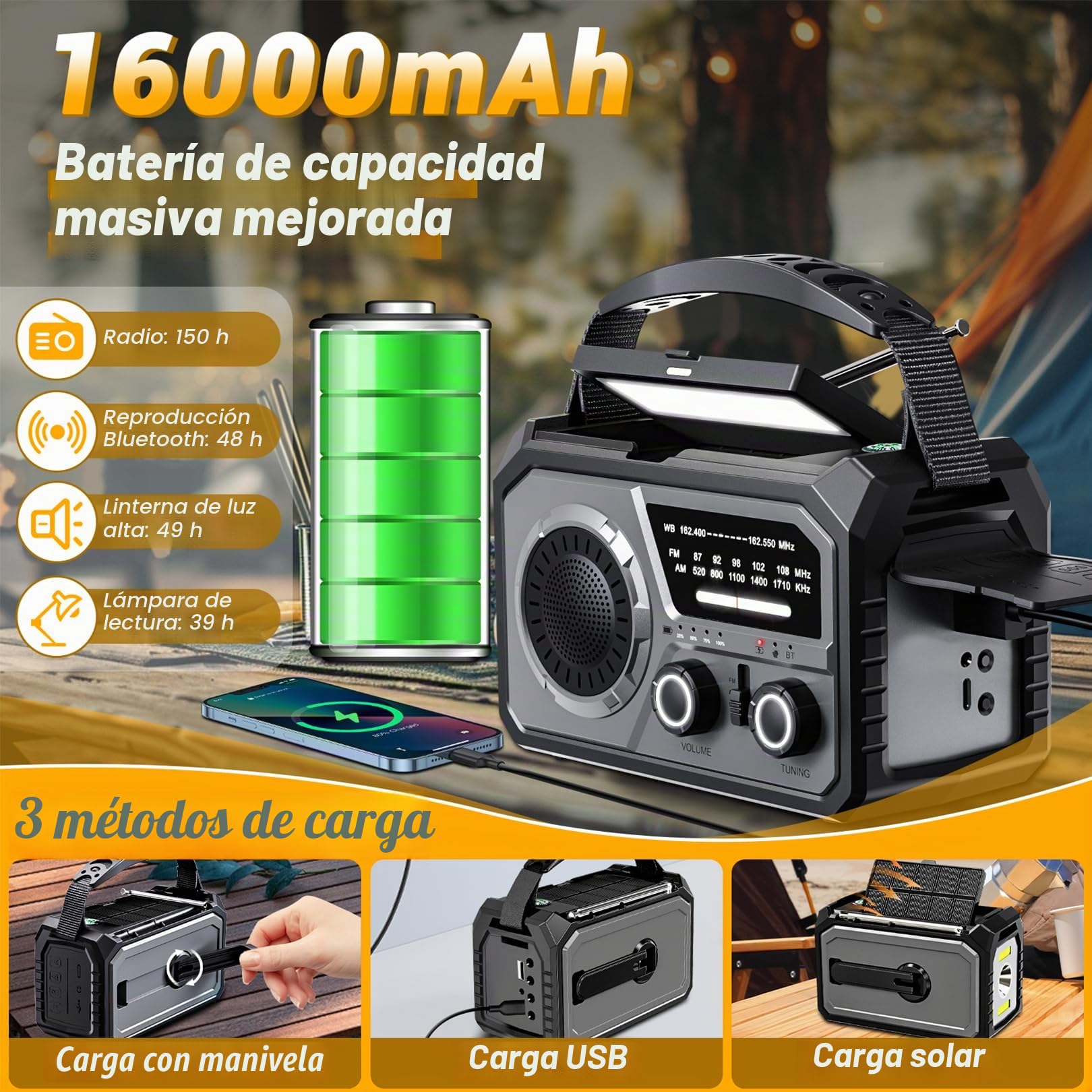 Radio Solar 16000 mAh con carga móvil, AM/FM, portátil, radio de emergencia, batería recargable, dinamo solar, linterna, alarma SOS, brújula para camping