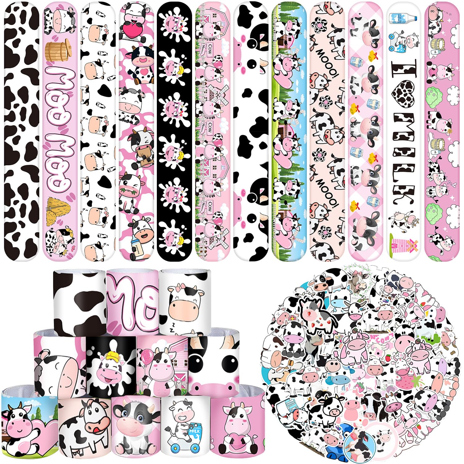 74 PCS Cow Party Favors Include 24 Pcs Cow Print Slap Bracelet 50 Pcs Cow Stickers Pack Cow Print Stuff Cute Cow Birthday Party Decorations Supplies for Kids Girls Boys Gifts Classroom Prizes