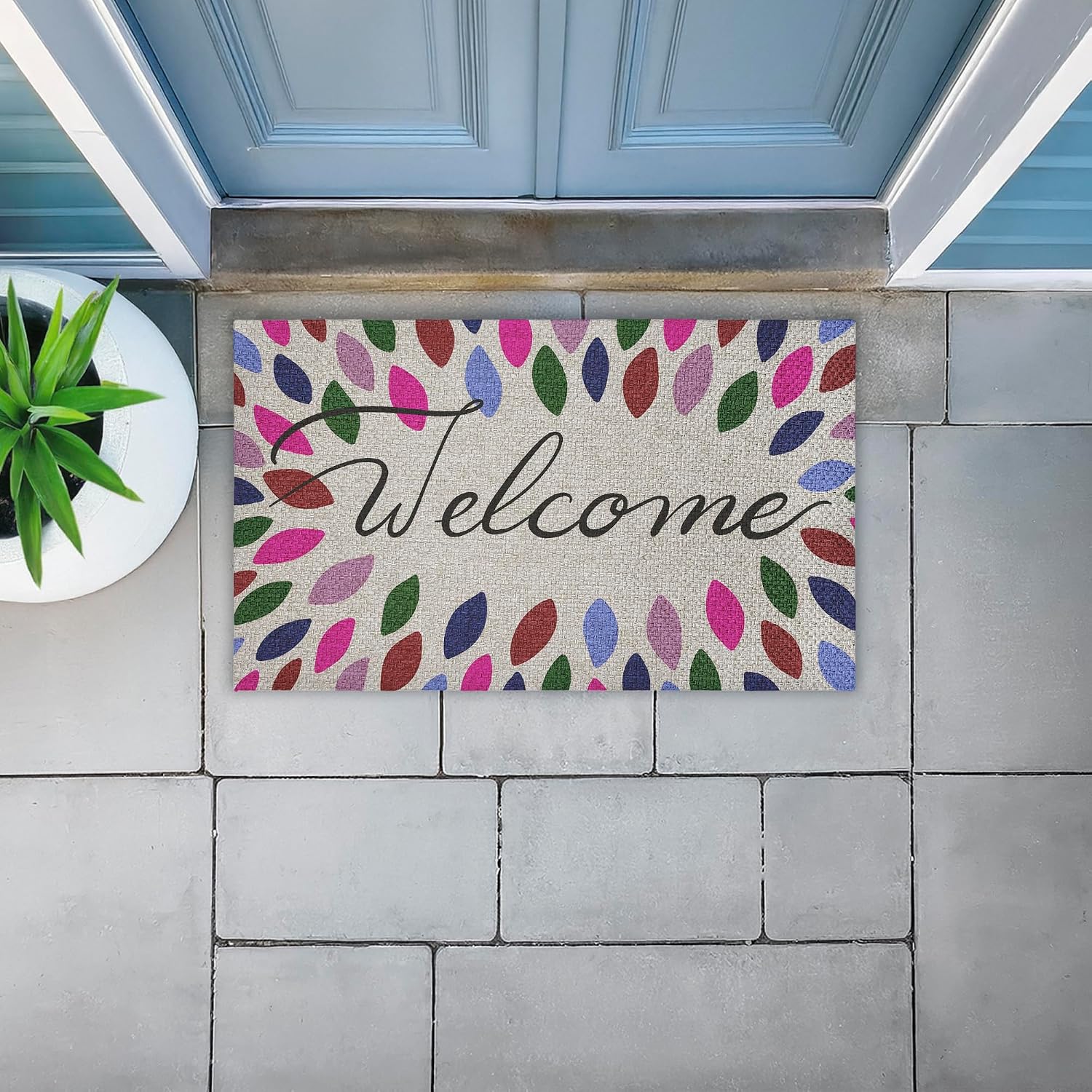 Jewel Tones Patterned Welcome Outdoor Door Mat, Durable Non-Slip Woven Natural Texture Mat with Recycled Rubber Backing, Weather-Resistant Bold Geometric Design by Caroline Alfreds, 18"x30"