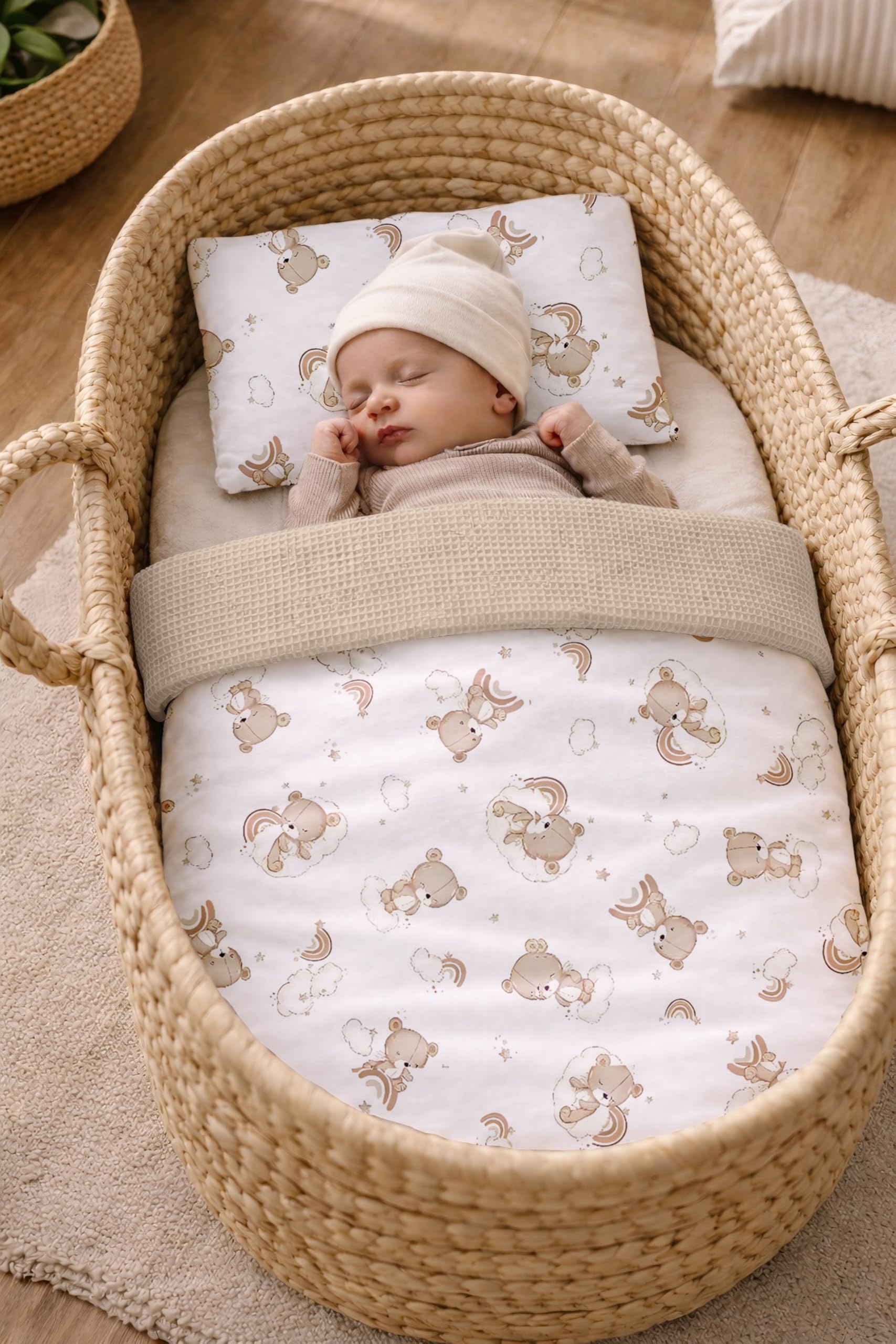 Babynest Nestchen Baby Set für Neugeborene – 5-teilig – Kuschelnest aus 100% Baumwolle & Waffelpique – Babykokon tragbar – für Babybett, Kinderbett & Kinderwagen – OEKO-TEX - Teddy und Sand