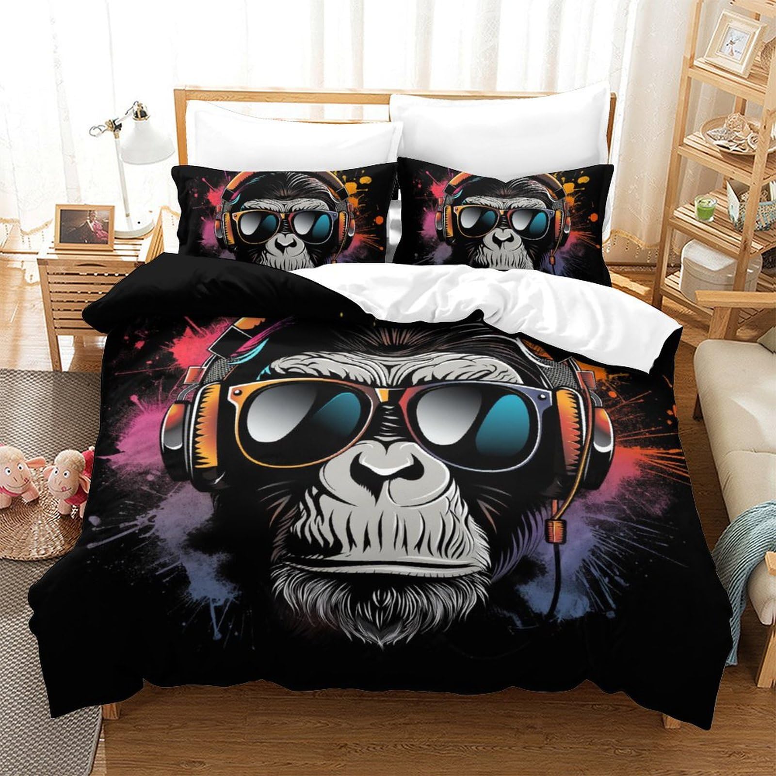 Housse de couette Gorille 3 pièces parure de lit adulte double 200x200cm avec taies d'oreiller