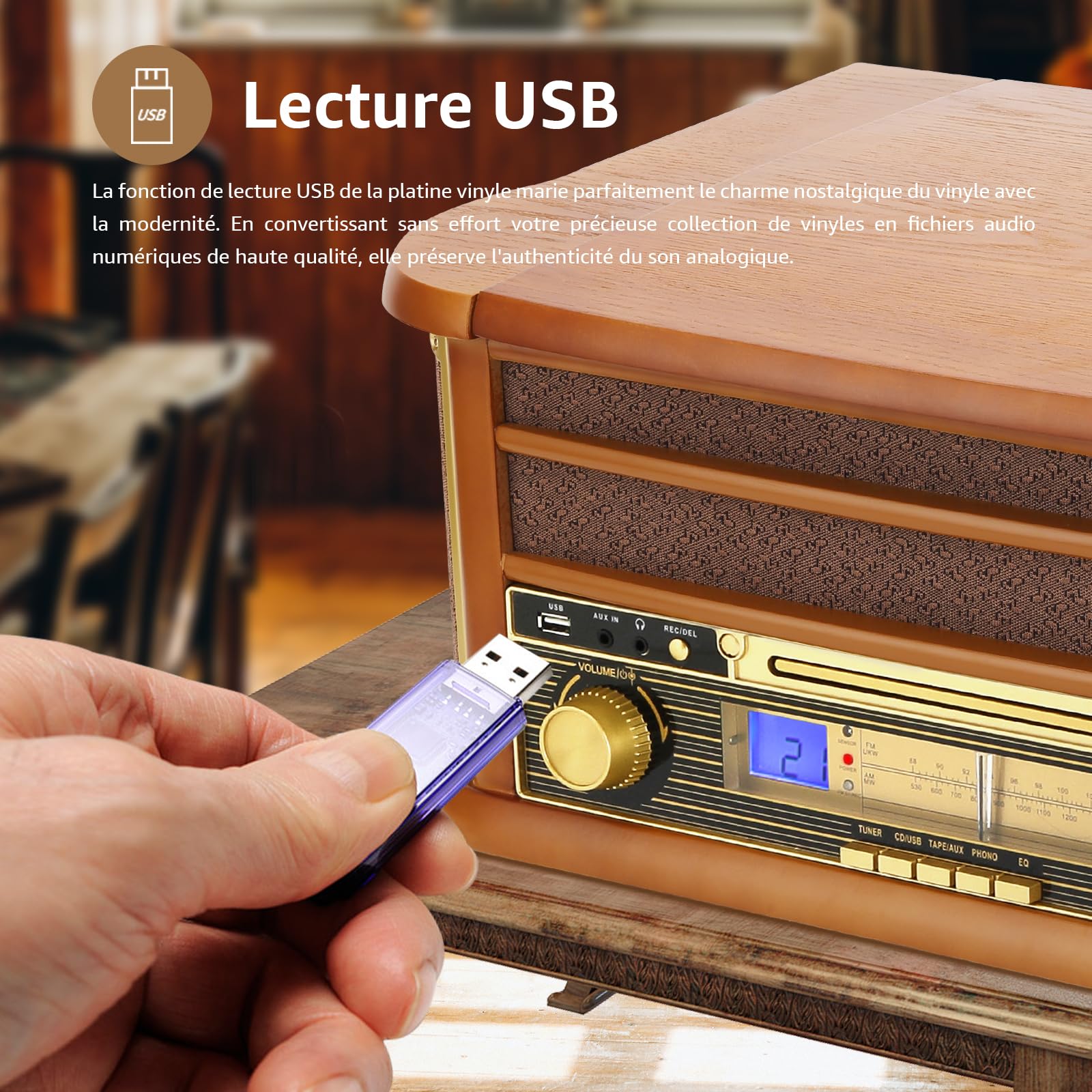 Platine Vinyle sans Fil Bluetooth à 3 Vitesses avec Haut-parleurs stéréo intégrés, phénographe Radio AM/FM avec Prise 3.5mm, CD/Cassette, AUX-in/RCA-Out, Lecture USB