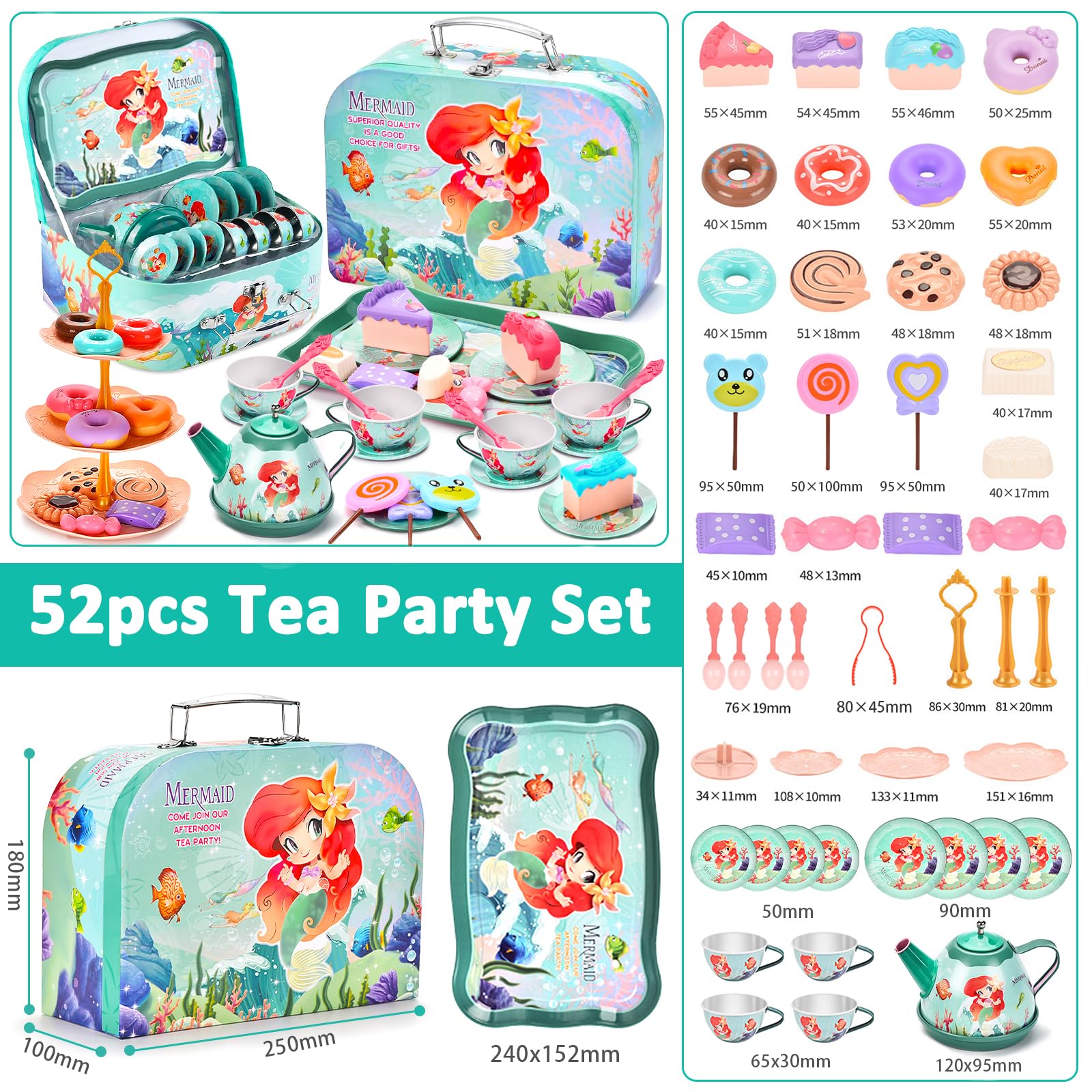 48 PCS Set da Tè per Bambini,Giocattoli Sirena di Latta Tea Party Finta di Giocare con Dessert Donut,Tea Party Finta di Giocare Sirena Compleanno Regalo per Bambina 3 4 5 6 7 Anni