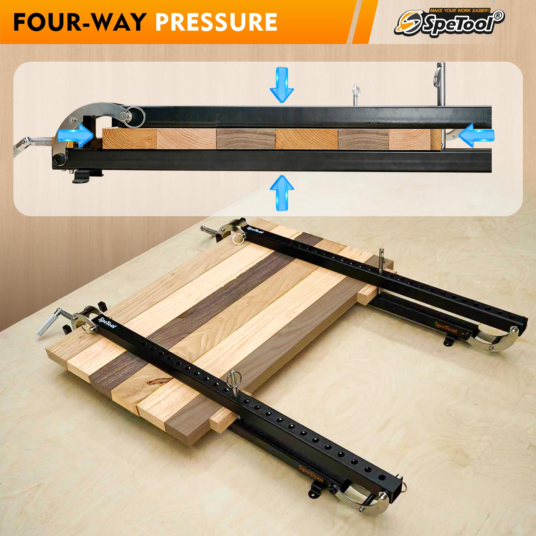 SpeTool Morsetto per pannello da 61 cm, confezione da 2, morsetti paralleli in acciaio a pressione a 4 vie per armadietti, tavoli, lavorazione del legno, accoppiatori a parallelogramma regolabili