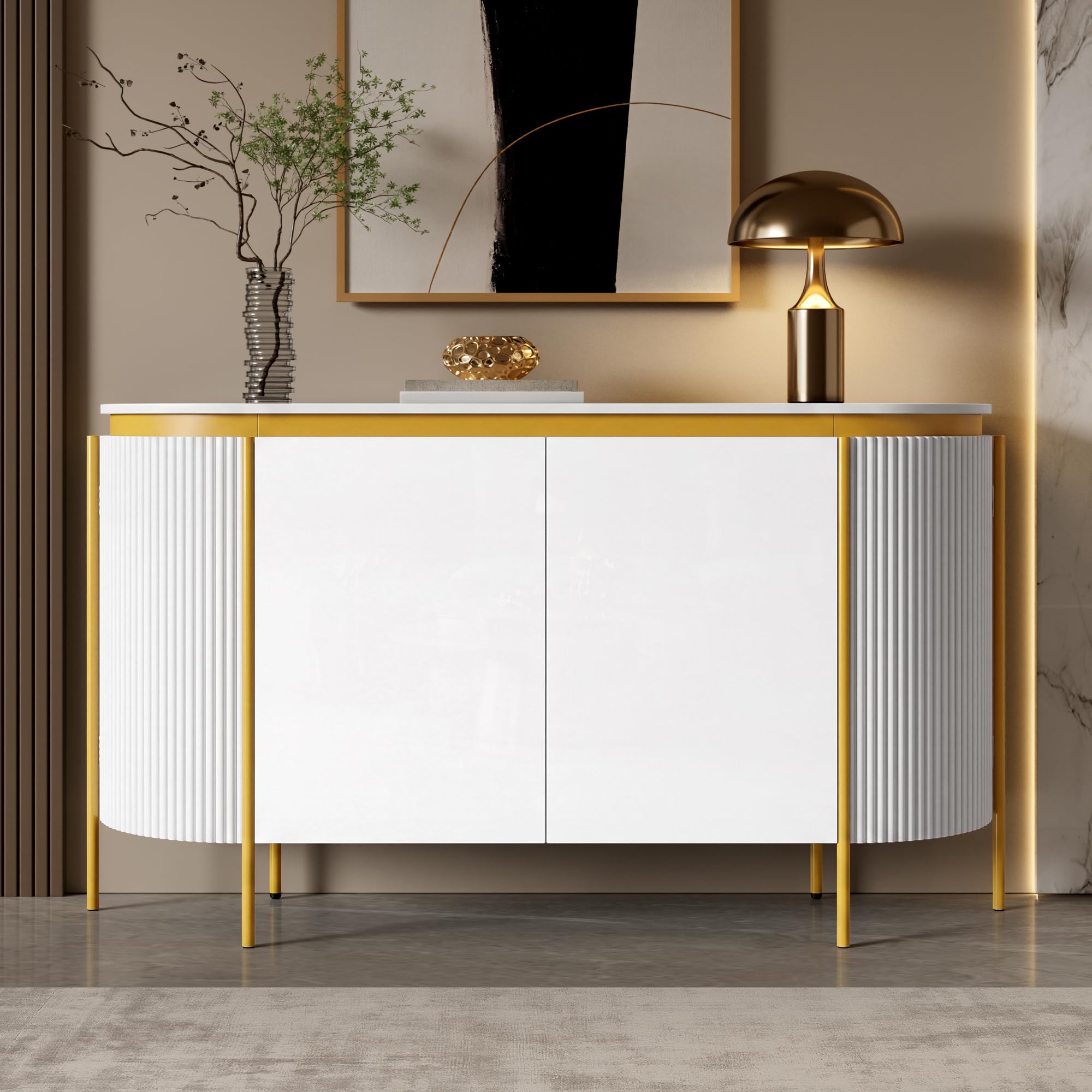 Credenza, piedini in ferro, 4 ante, ovale, con passacavi, 140 x 38 x 80 cm